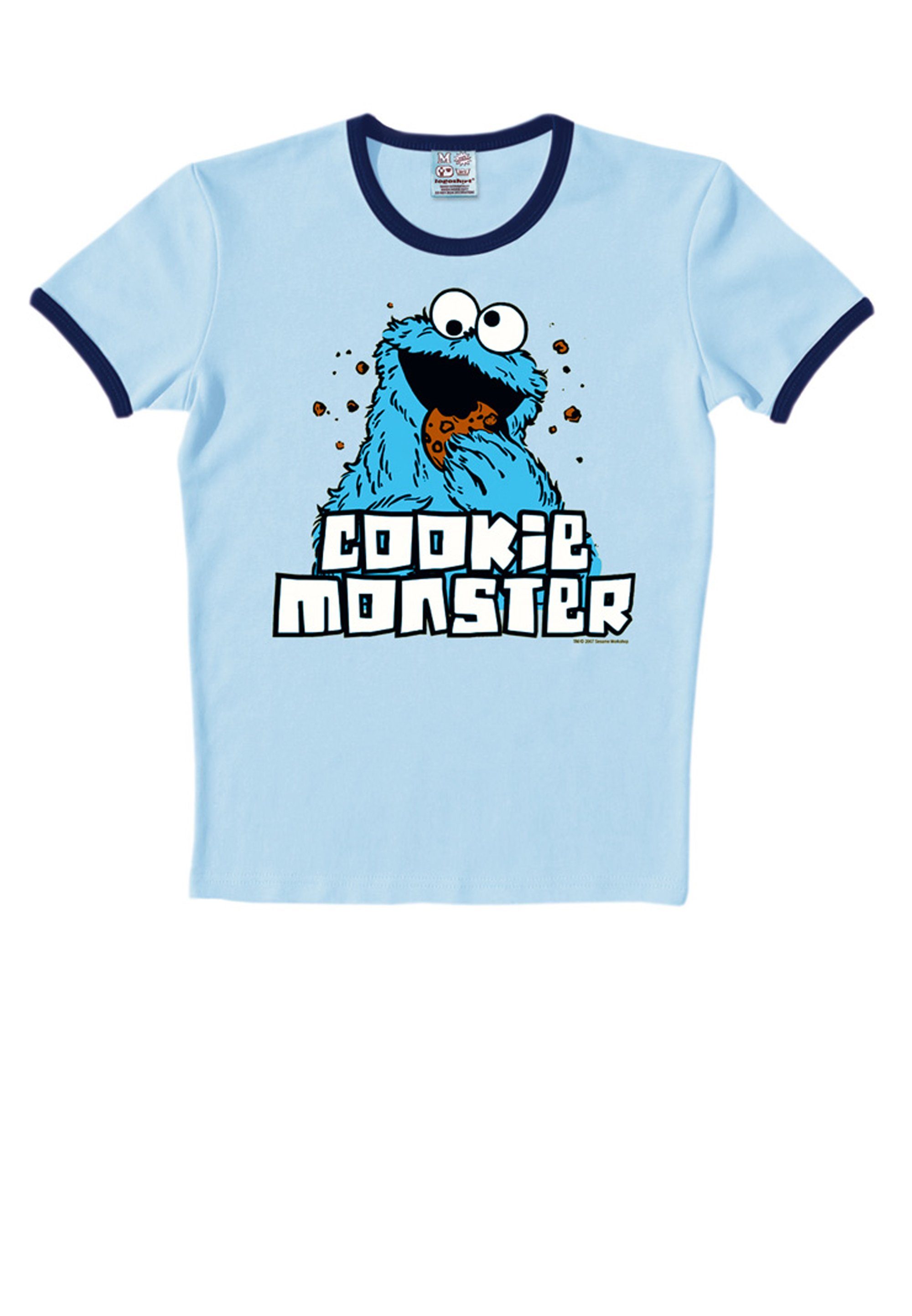 LOGOSHIRT T-Shirt Cookie Monster mit farblich abgesetzten Bündchen weiß