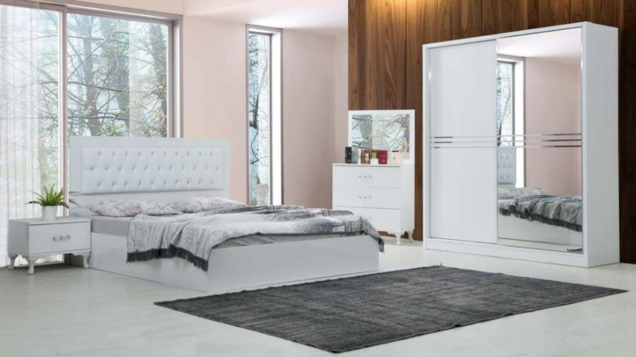 JVmoebel Schlafzimmer-Set Weißes Schlafzimmer Komplettes Set Bett + 2x Nachttische Kommode 5tlg., Made In Europe