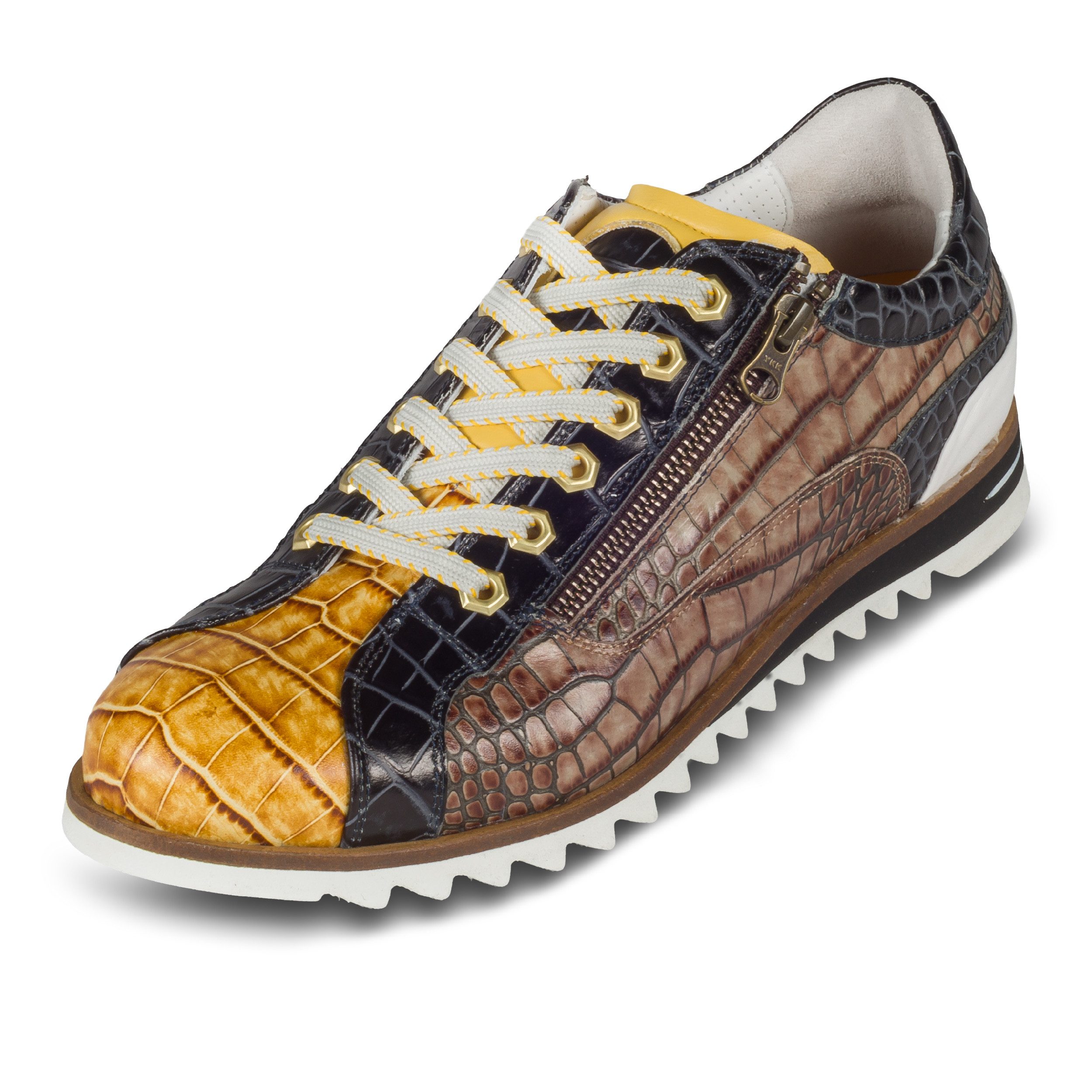 Lorenzi Sneaker Herren gelb/schwarz/braun - Kalbsleder mit Reptilprägung Sneaker Handgefertigt in Italien