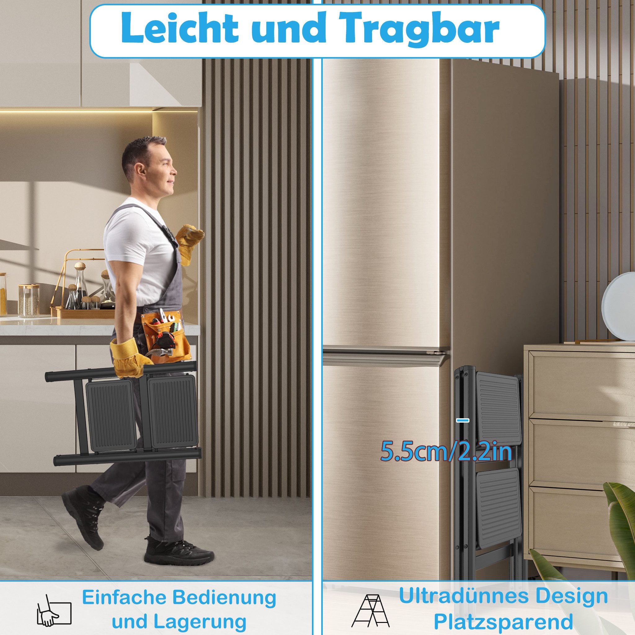 FIVMEN Trittleiter Haushaltsleiter mit breitem Anti-Rutsch-Pedal Schwarz, Multifunktionale Stufenleiter für Haushalt, Büro – Bild 4 von 5