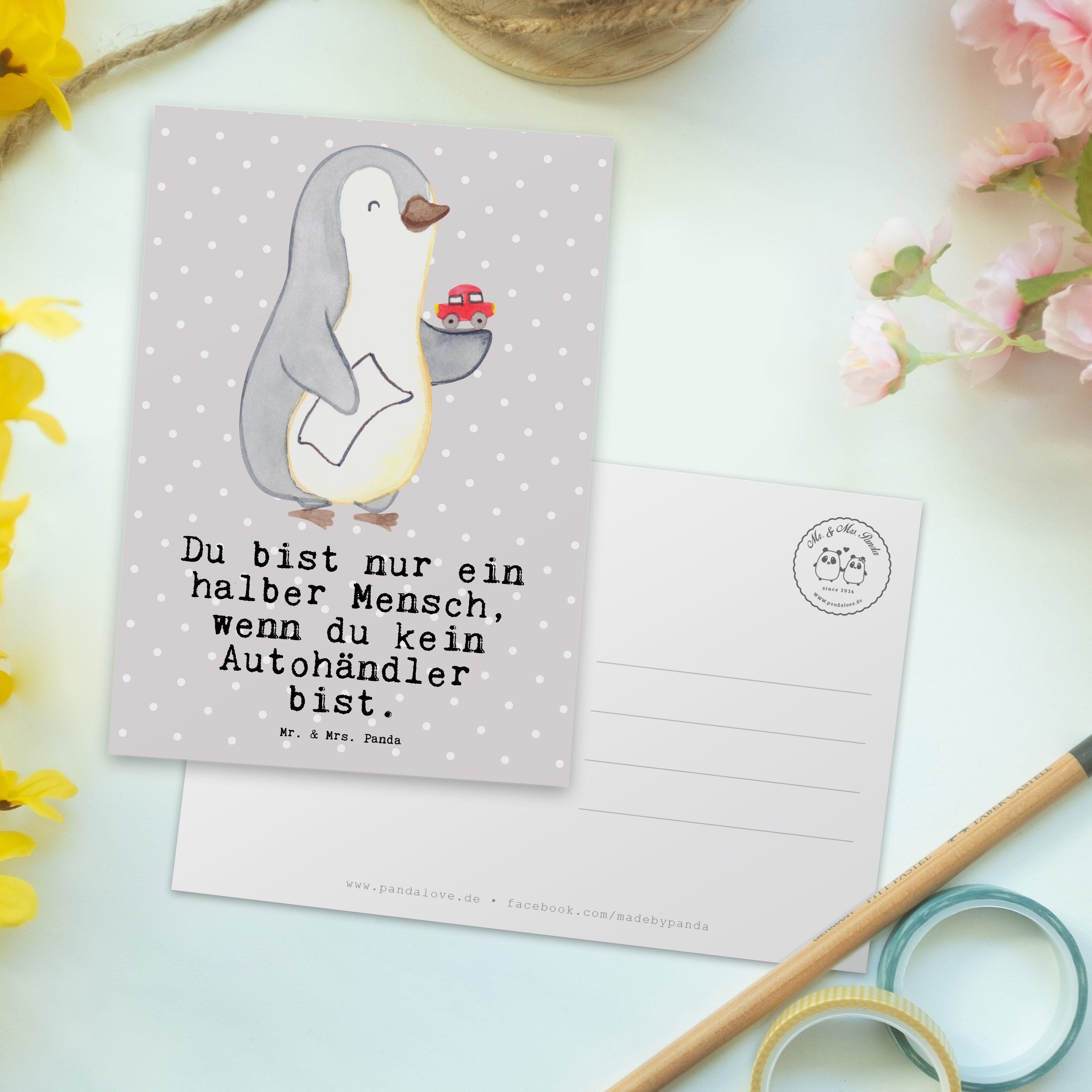 Postkarte Geschenk, Mr. & mit - - Mrs. Führerschein, Herz Grau Pastell Autohändler Panda Ansicht