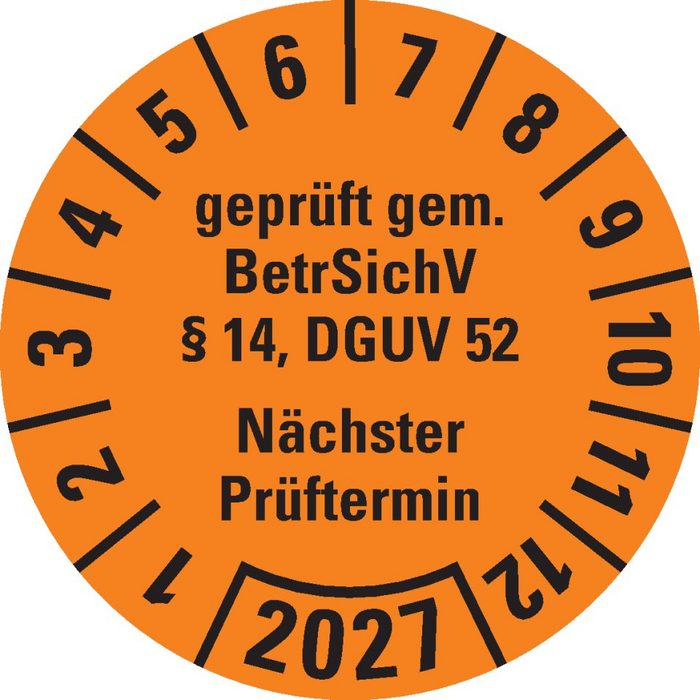 Dreifke Hinweisschild Dreifke® Prüfplakette BetrSichV §14 DGUV52 NP 2027 orange Folie Spezialkleber Ø30mm 18 St/Bogen