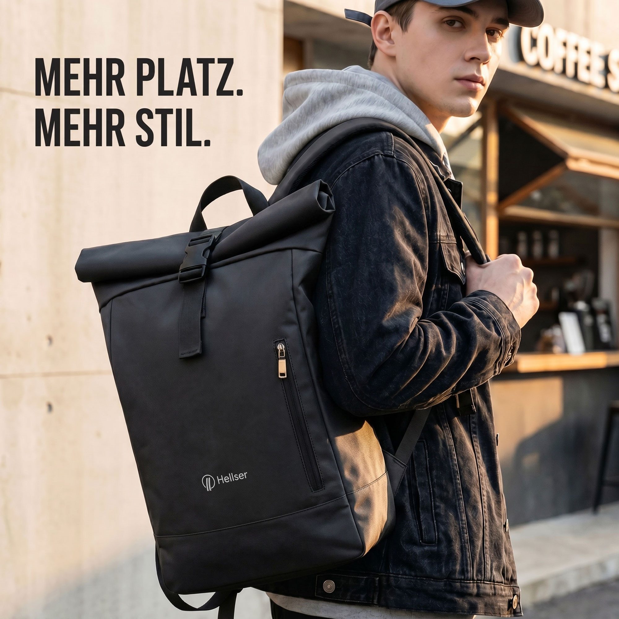 HELLSER Rucksack Rolltop Rucksack – Cityrucksack mit Laptopfach 15,6" Zoll & Koffergurt, 40x29x12 cm – wasserabweisend, geeignet als Handgepäck