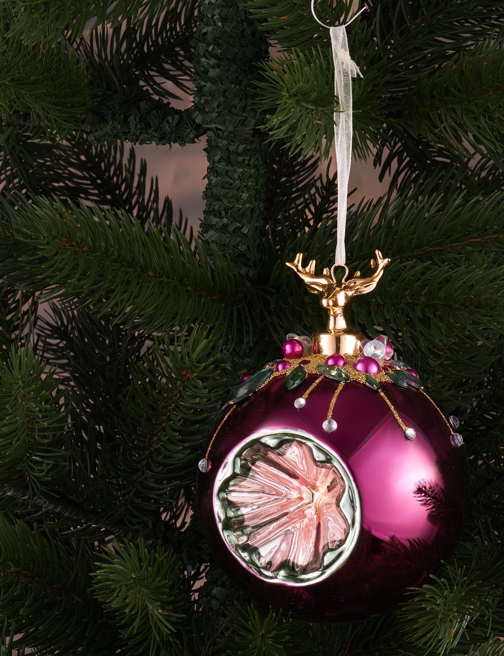 BRUBAKER Weihnachtsbaumkugel Premium Weihnachtskugel - Tiere mit Blumen - 10 cm Christbaumschmuck (1 St), Christbaumkugel aus Glas mit Perlen-Deko und Figur - Handdekoriert