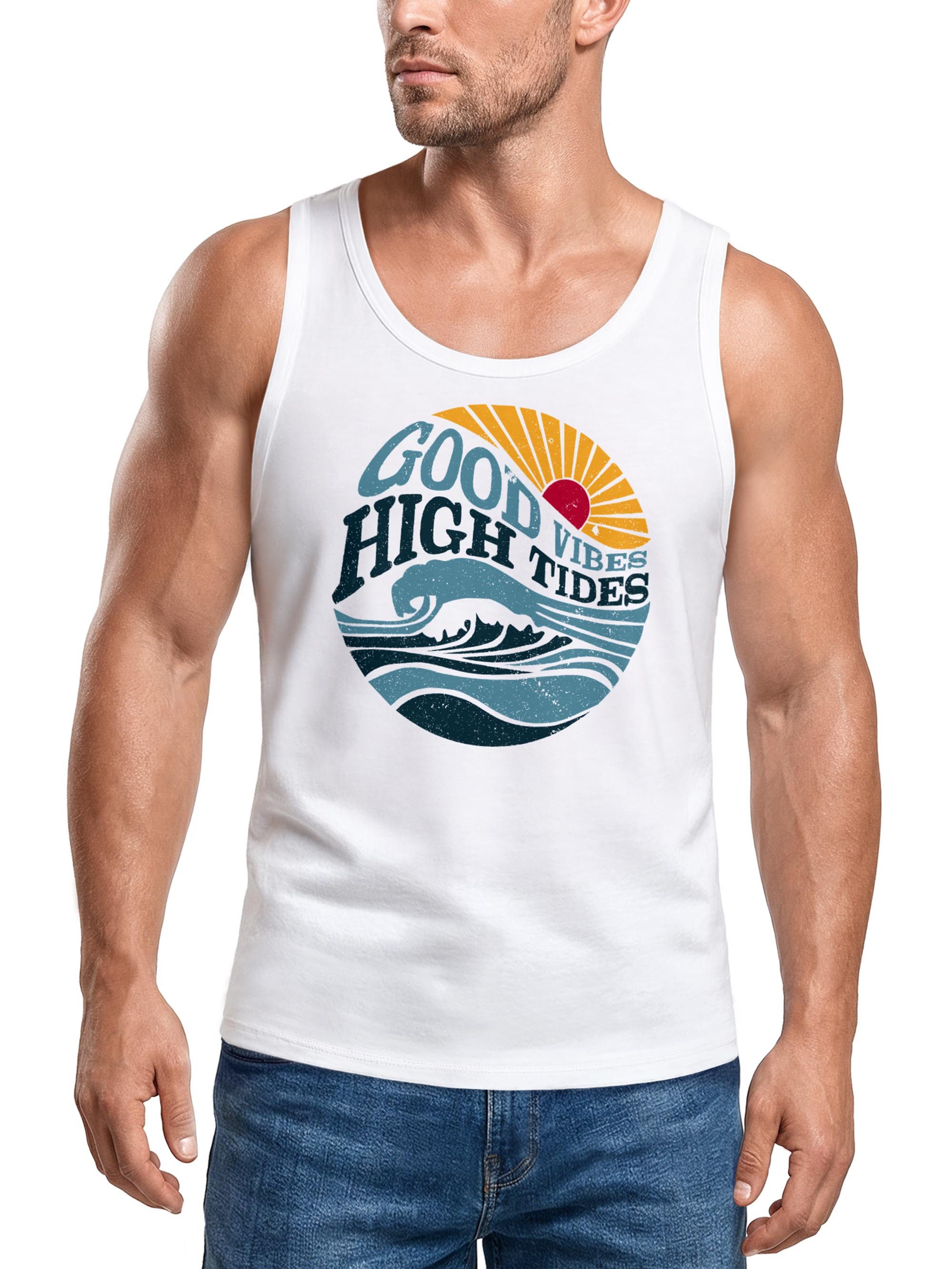 Tanktop Herren Tank-Top T-Shirt Welle Sonne Meer Retro Print Good Vibes High