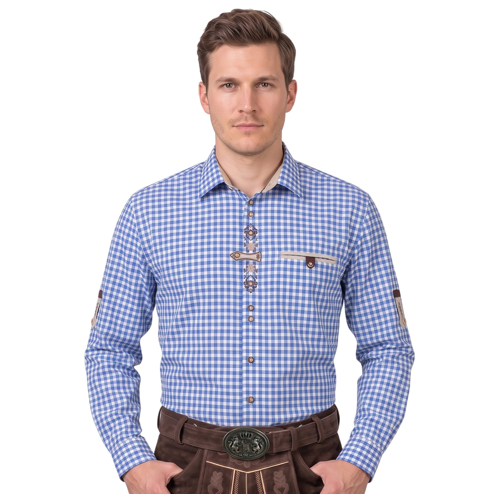 German Wear Trachtenhemd O74 Langarm krempelarm bestickt kariert verziert Hemd mit Stickerei karo