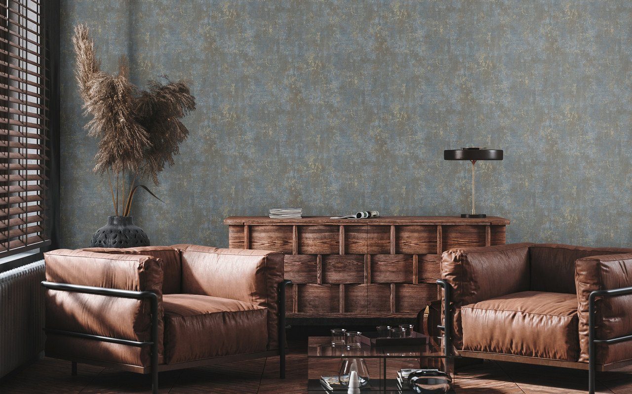 living walls Vliestapete Stories of Life Vintage Tapete Metallic Braun Blau Gold, strukturiert, Metall-Effekte, gemustert, metallic, (1 St), glänzende Vliestapete für Wohnzimmer Tapeten Wohnzimmer Schlafzimmer