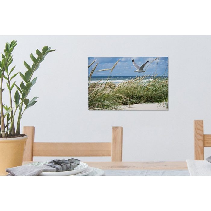 OneMillionCanvasses® Leinwandbild Strand - Vogel - Pflanzen (1 St) Wandbild Leinwandbilder Aufhängefertig Wanddeko