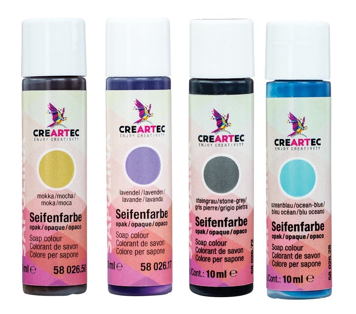 CREARTEC Farbpigment Seifenfarben Opak 4er Set - Steingrau, Mocca, Lavendel, Oceanblau, Inhalt jeweils 10ml - Made in Germany