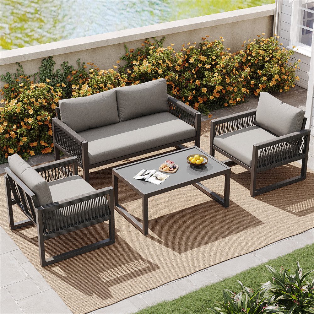 MODFU Garten-Palettensofa Gartenmöbel-Set, 4 Teile, 4 Sitzer Gartenmöbel Sitzgruppe Balkonset aus Eisen und Seil