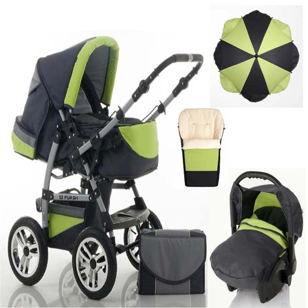 babies-on-wheels Kombi-Kinderwagen 5 in 1 Kinderwagen-Set Flash inkl. Autositz - 17 Teile - in 18 Farben Anthrazit-Grün