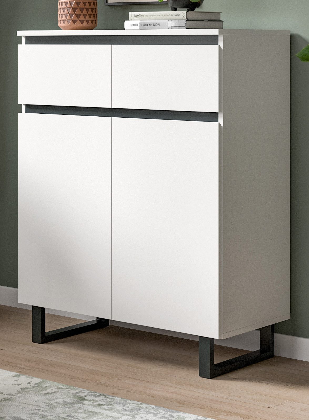 Inn.Furn Kommode Gelia (Hochkommode in mattem Weiß mit schwarz, 80 x 99 cm), mit Vollauszug und Soft-Close