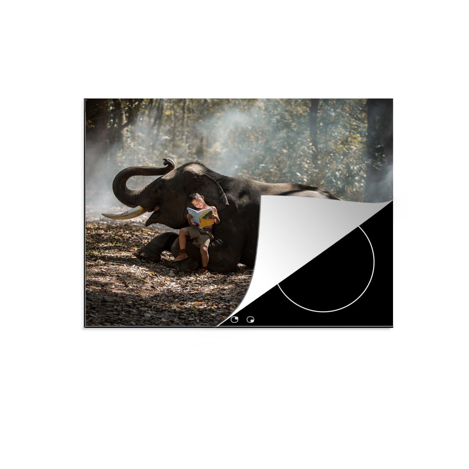 MuchoWow Herdblende-/Abdeckplatte Elefant - Junge - Buch - Wald - Tiere - Natur, Vinyl, (1 tlg), 59x52 cm, Ceranfeldabdeckung für die küche, Induktionsmatte