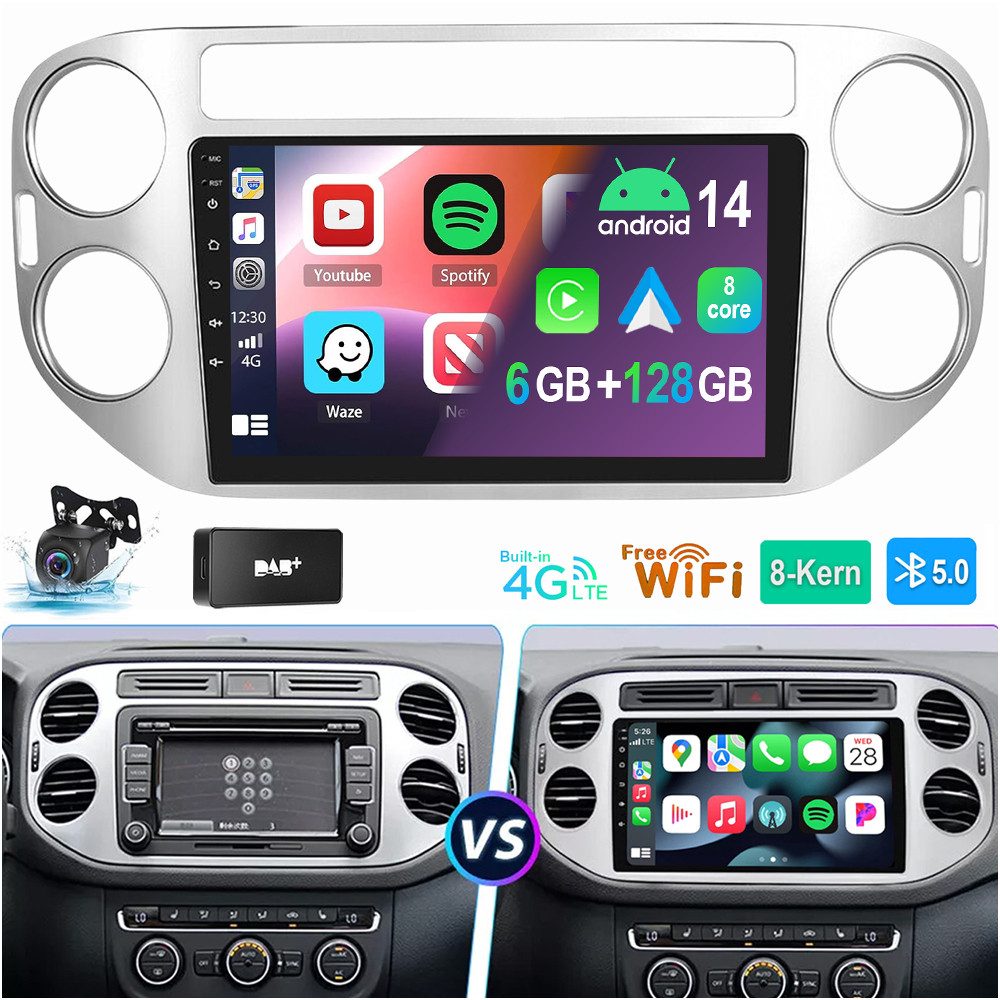 ESSGOO Für VW Tiguan 5N 2010-2016 6+128GB 8-Kern 4G LTE Autoradio (RDS, Digitalradio (DAB), FM, AM, Apple Carplay Android Auto Navi WIFI BT SWC 4G LTE)