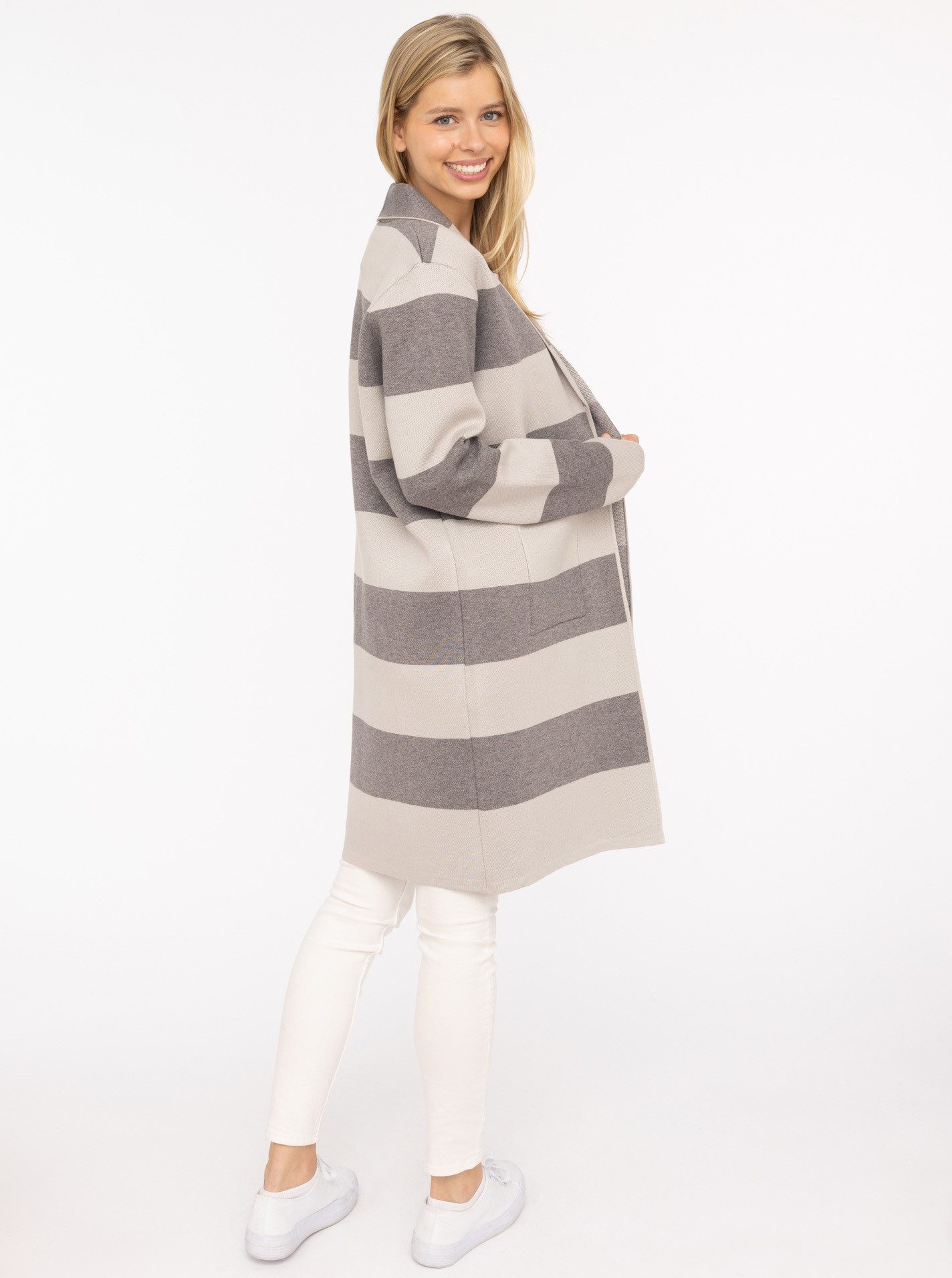 Zwillingsherz Strickjacke Schalkragen, Langarm, Taschen, knielang, Bockstreifen