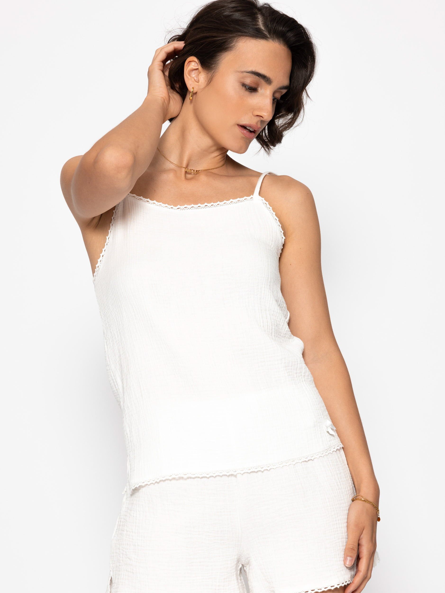 SASSYCLASSY T-Shirt Musselin Pyjamatop mit Spitzenborte für Damen Leichtes günstig online kaufen