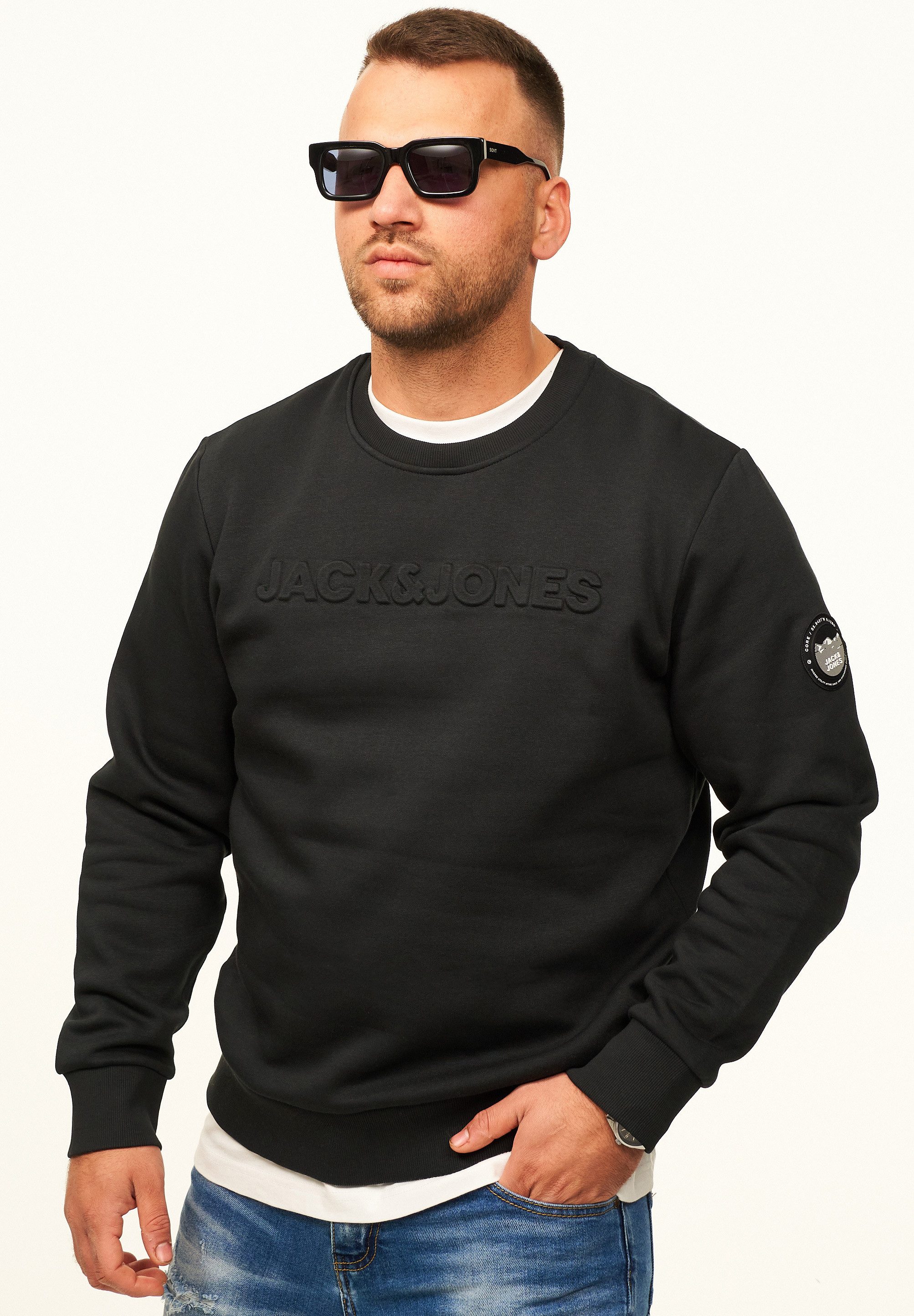 Jack & Jones Sweatshirt Pullover - Rundhalspullover mit Crew-Neck im Regular Fit für Herren Männer Sweatpullover mit Logo & Patch aus Baumwollmischung