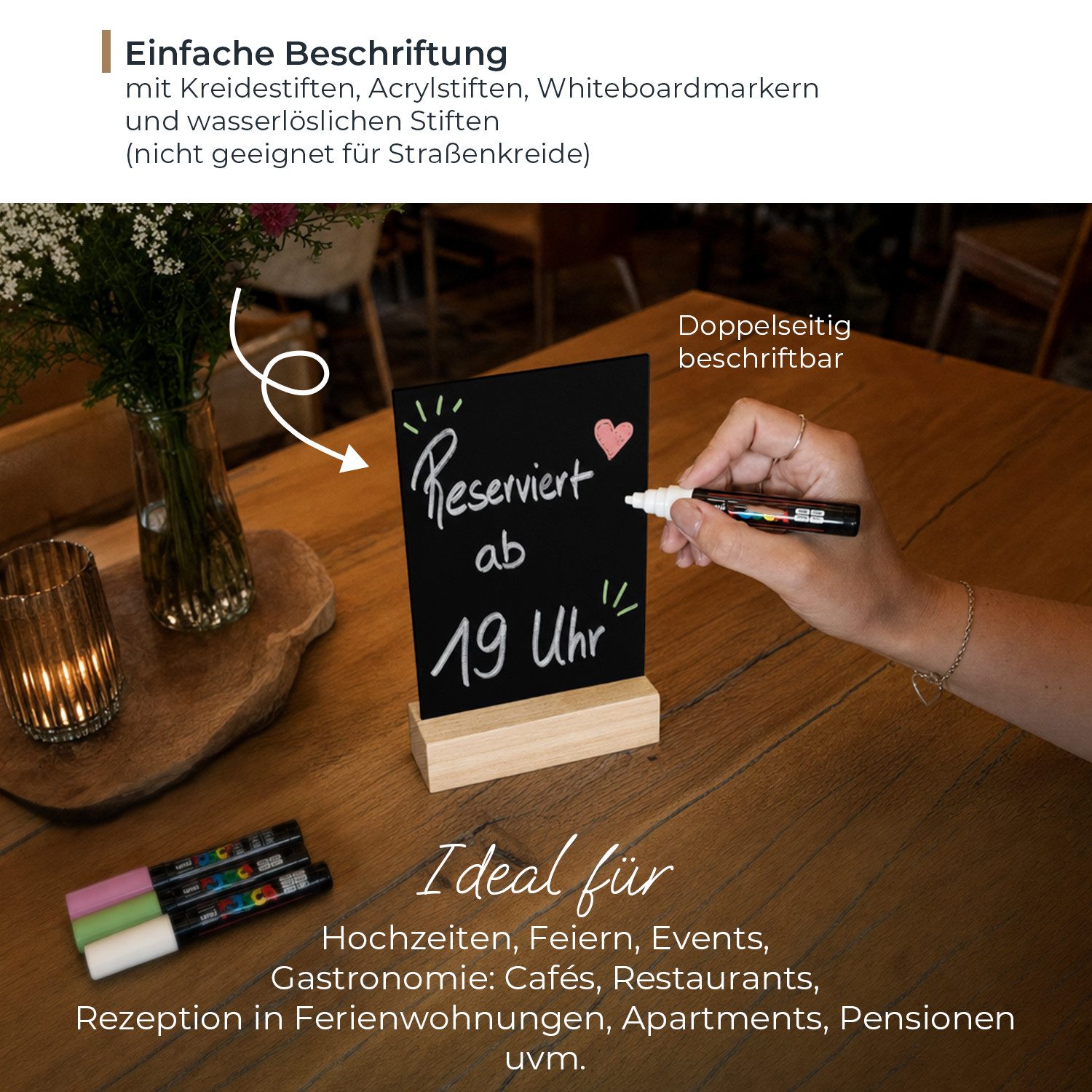 HMF Standtafel Acryl Tischaufsteller im DIN A6 Hochformat mit massivem Holzfuß, (1-tlg), aus Eiche, abwischbare Tafel zum Beschriften, T-Aufsteller, Schwarz