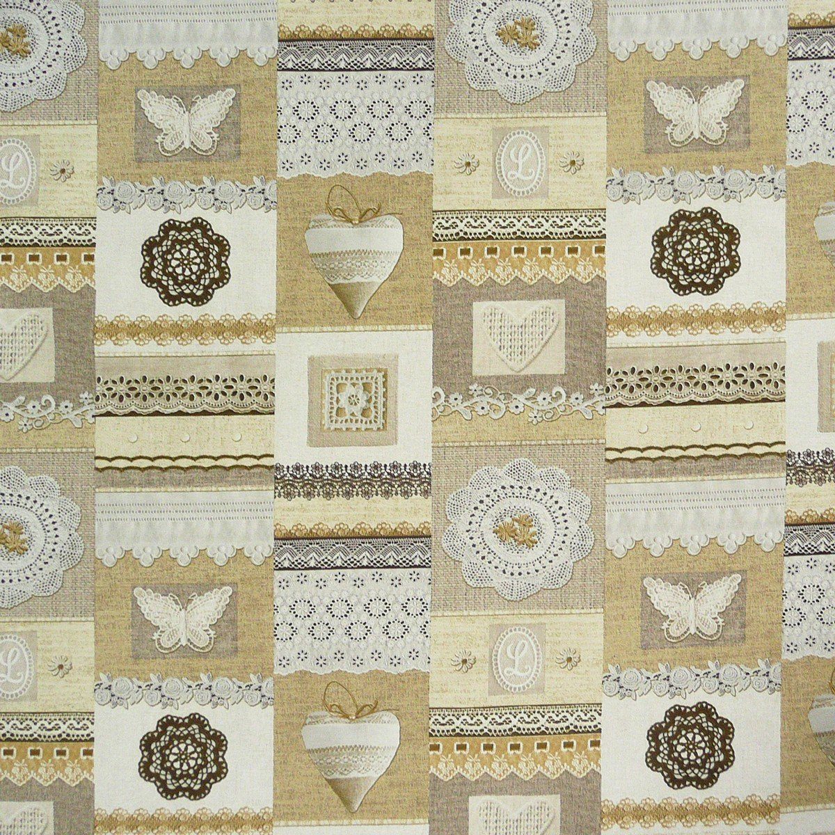 SCHÖNER LEBEN. Stoff Dekostoff Canvas Ottoman Patchwork Landhaus Spitze braun creme