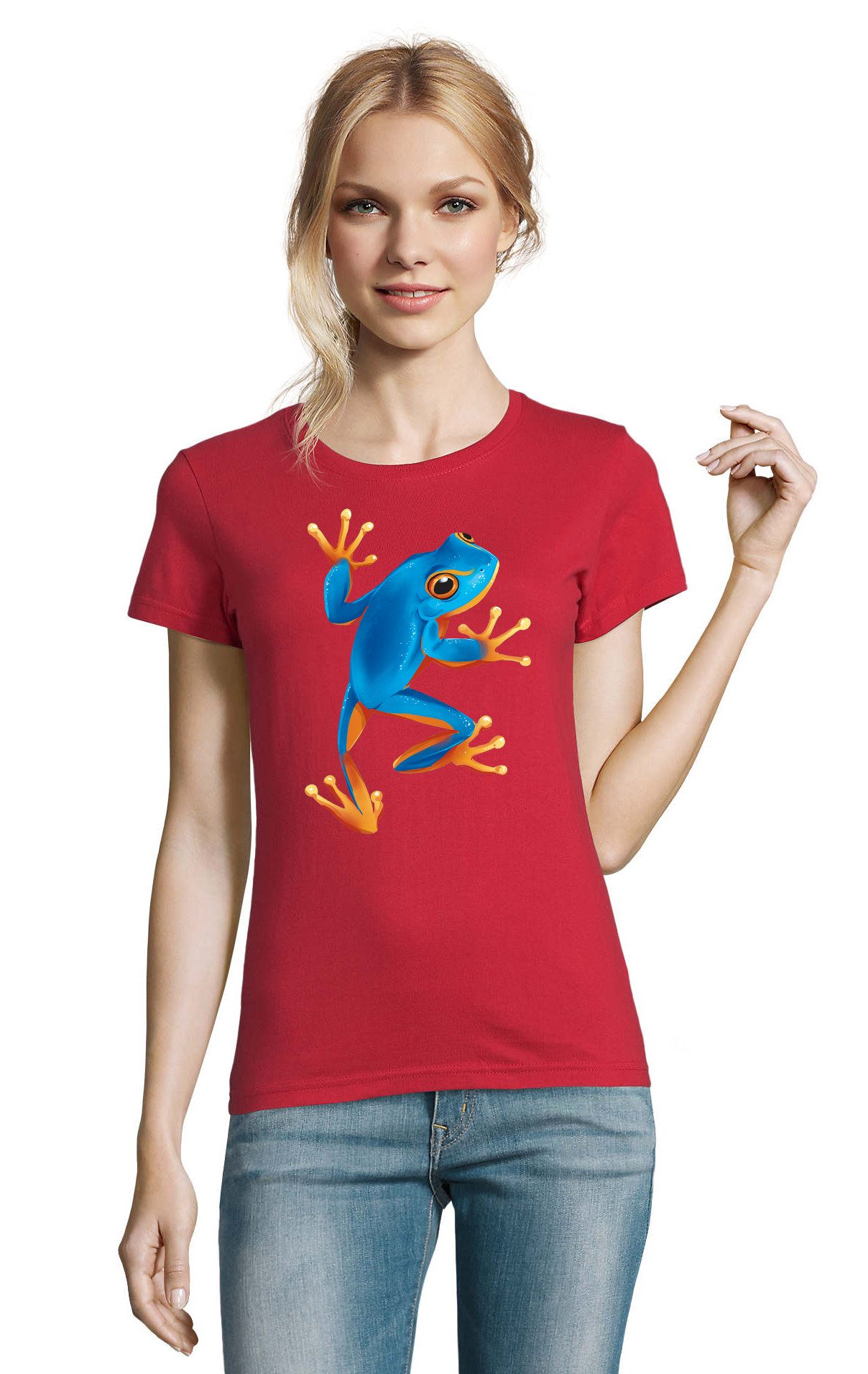 T-Shirt Baumsteiger Frosch blau Fun Natur Tier Damen Shirt Motiv