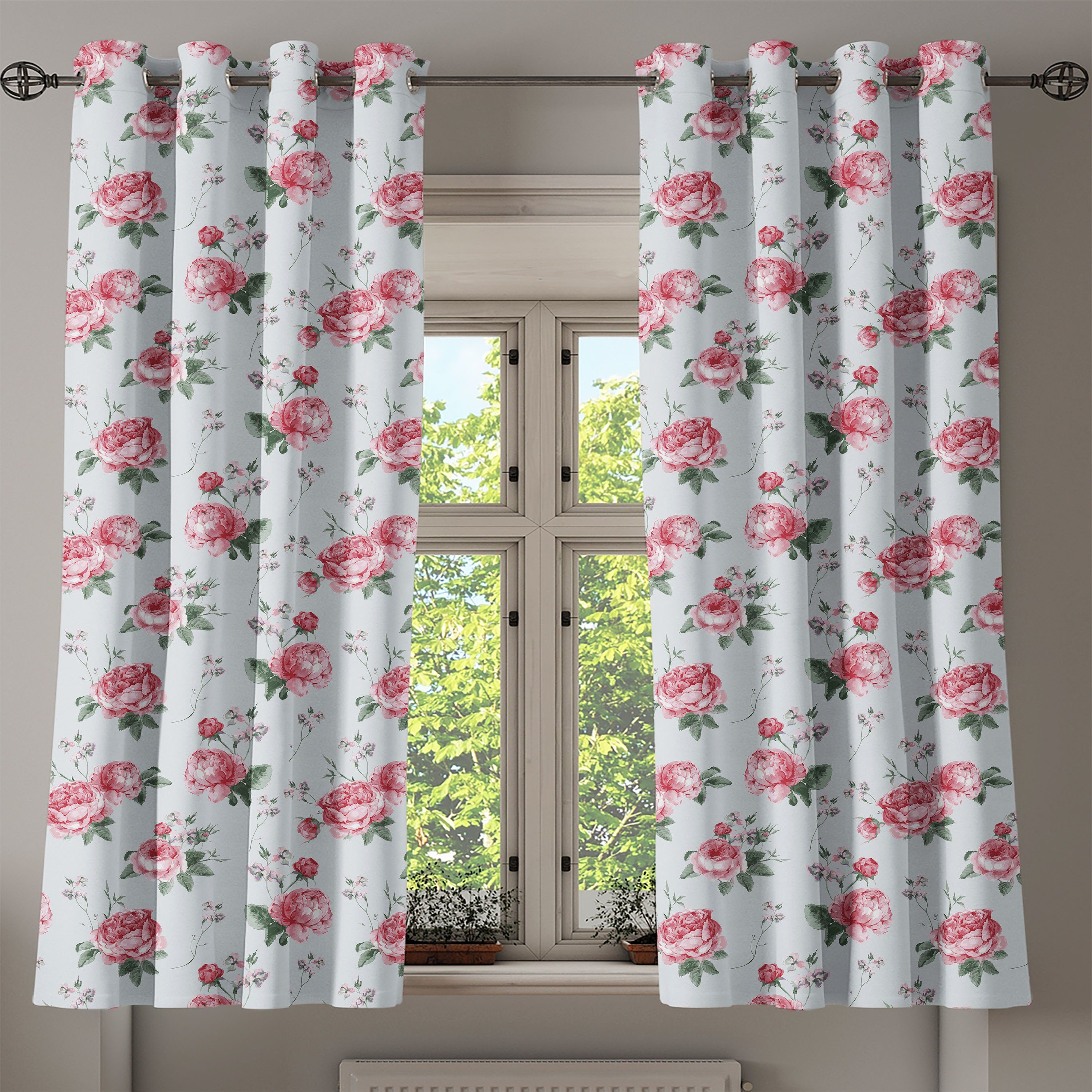 Rosa Blüten-Englisch 2-Panel-Fenstervorhänge Flora Abakuhaus, Rose Dekorative Gardine Wohnzimmer, für Schlafzimmer
