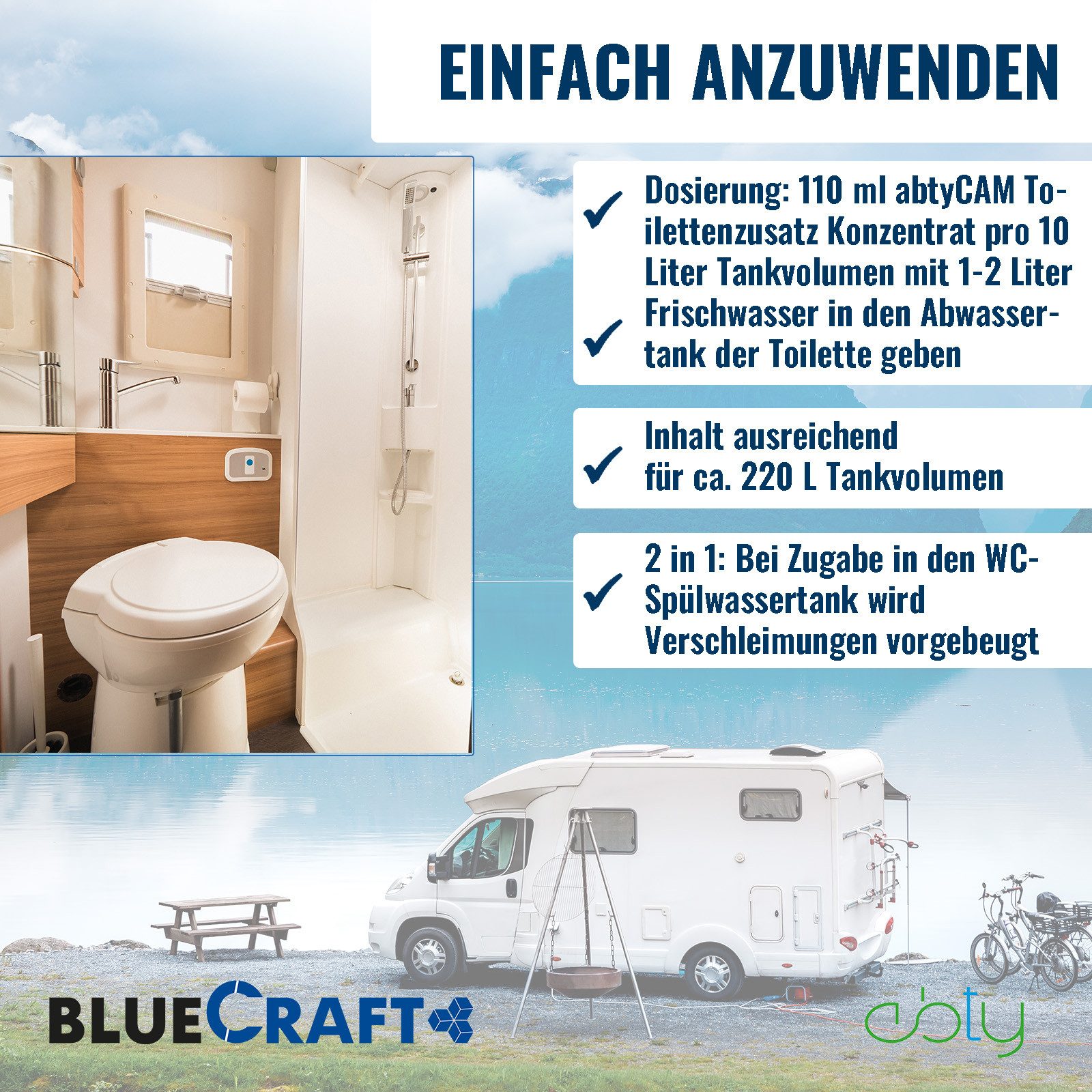 BlueCraft Sanitärflüssigkeit 2,5 L für mobile Camping Toiletten Sanitärzusatz Campingtoilettenreiniger (Toilettenzusatz WC Konzentrat Tankzusatz mit Citronenduft, [1-St. Sanitärkonzentrat für Abwassertank Zusatz für Chemietoiletten)