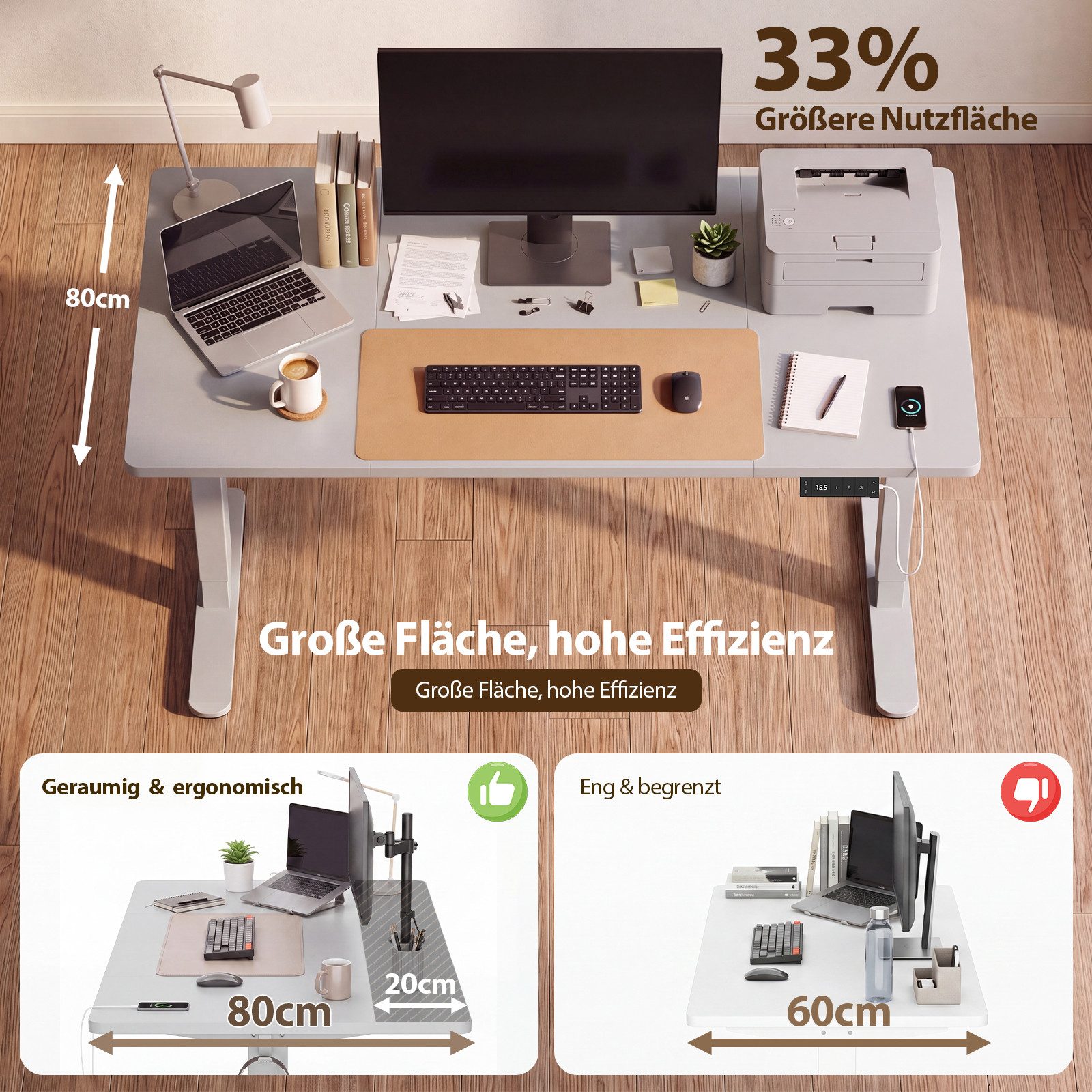 HOMALL Schreibtisch Höhenverstellbarer Schreibtisch mit 3 Höhen-Speicherfunktionen (Mehrere GrdBen 120/140/160/180/200 cm mit 1 USB-Ladanschlus Tischplate mit einerTiefe von 80 cm Der Tisch besteht aus ver Tischplaten)