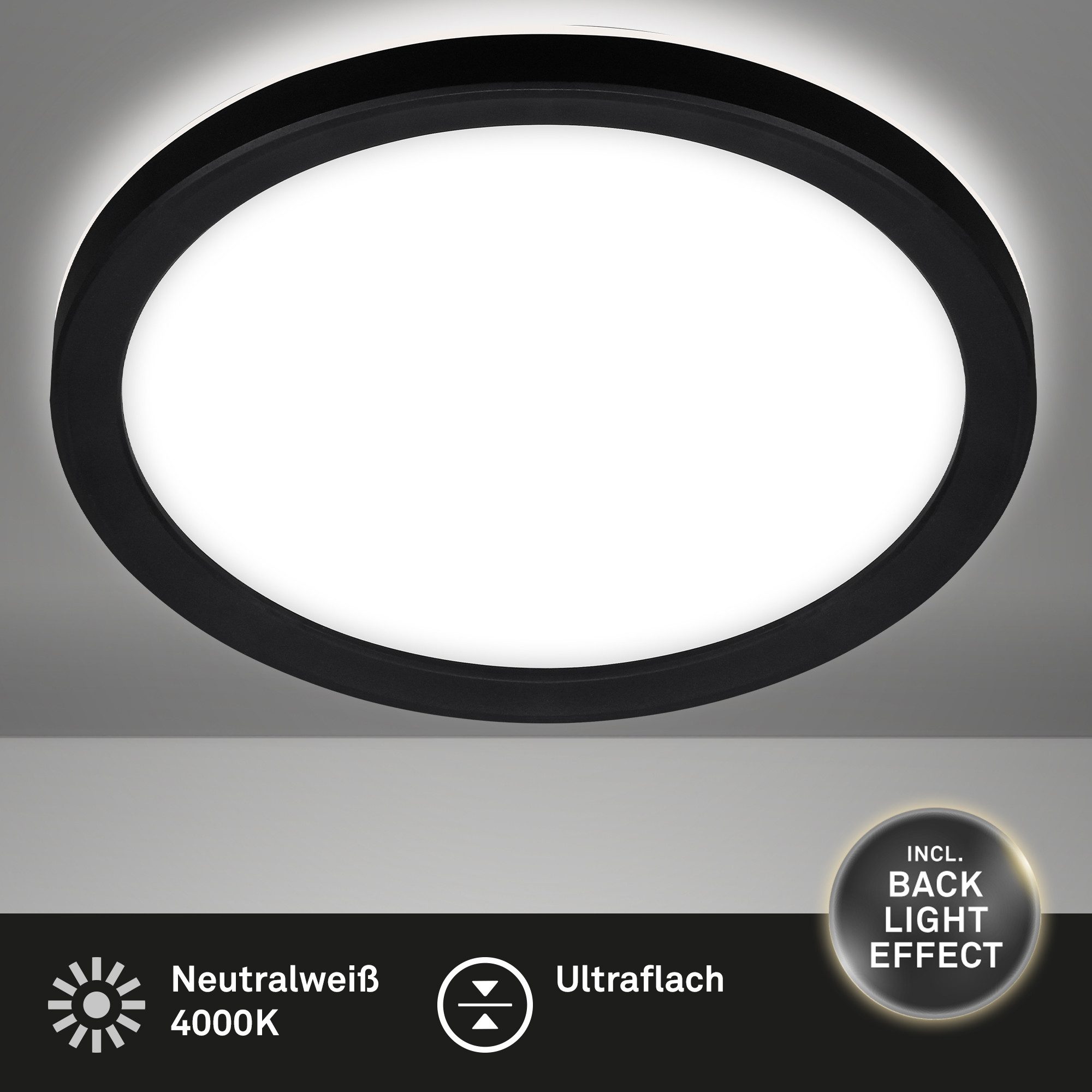 Briloner Leuchten Deckenleuchte LED Deckenlampe Panel Slim Ultraflach Backlight Schwarz/Weiß, Rund, LED fest integriert, 4000K, Verschiedene Größen und Ausführungen, Wohnzimmer, Schlafzimmer, Flur