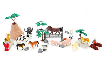 Bubble-Store Spielwelt Tierwelt Spielzeugfiguren Dinosaurier Dschungel, 14 Tiere wie Pferde, Kühe, Rind, Schwein, Hunde, Ziege etc., Pflanzen, Felsen, Gatter, Folien-Spielplan
