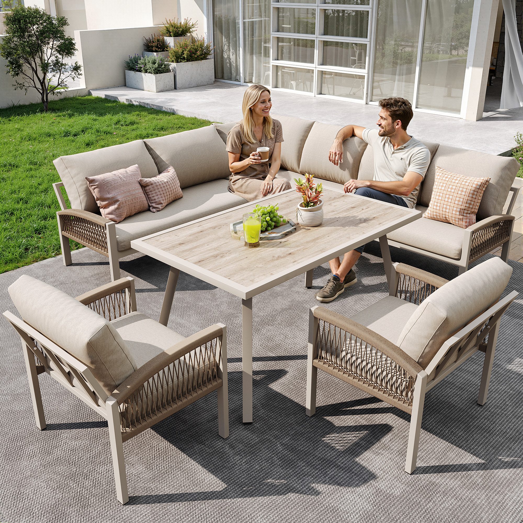 i@home Gartenlounge-Set, (5-tlg), L-förmiges Gartensofa mit beigen Kissen, 1 Tisch, 2 Sessel