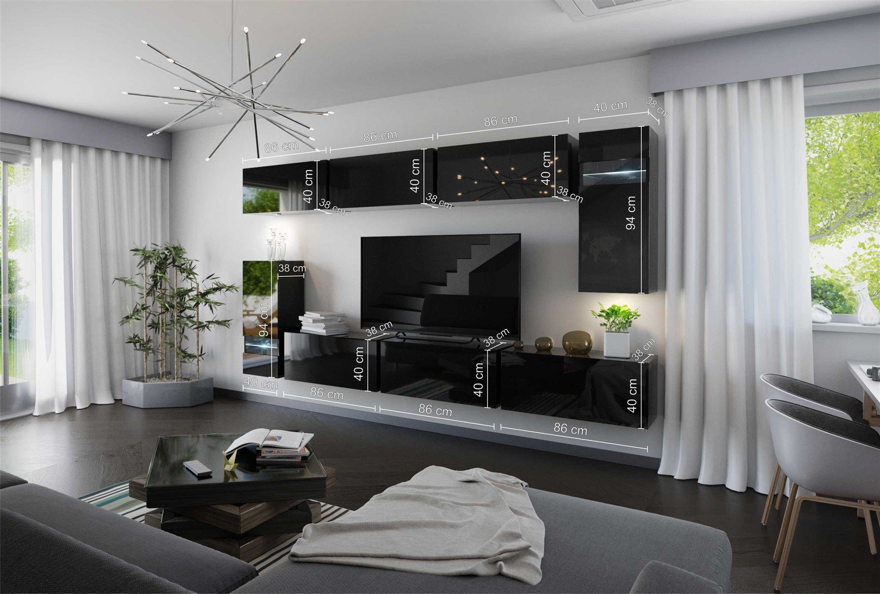 Hochglanz, oder NEXI 8 8-St), Fun Weiß Wohnwand Mediawand inkl.LED Schwarz Weiss tlg XL 3 Möbel Wohnwand (Set, -