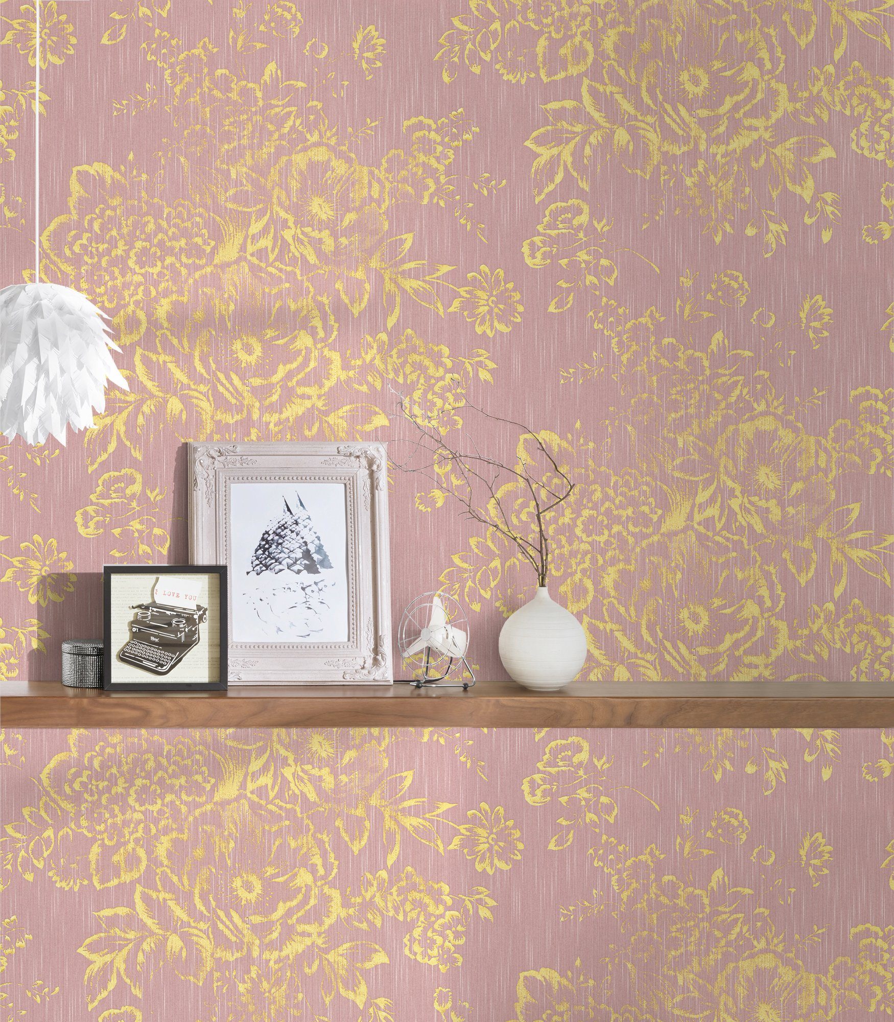 Création Blumen gold/rosa Paper samtig, Textiltapete Barocktapete A.S. matt, glänzend, Tapete Architects Silk, Metallic floral,