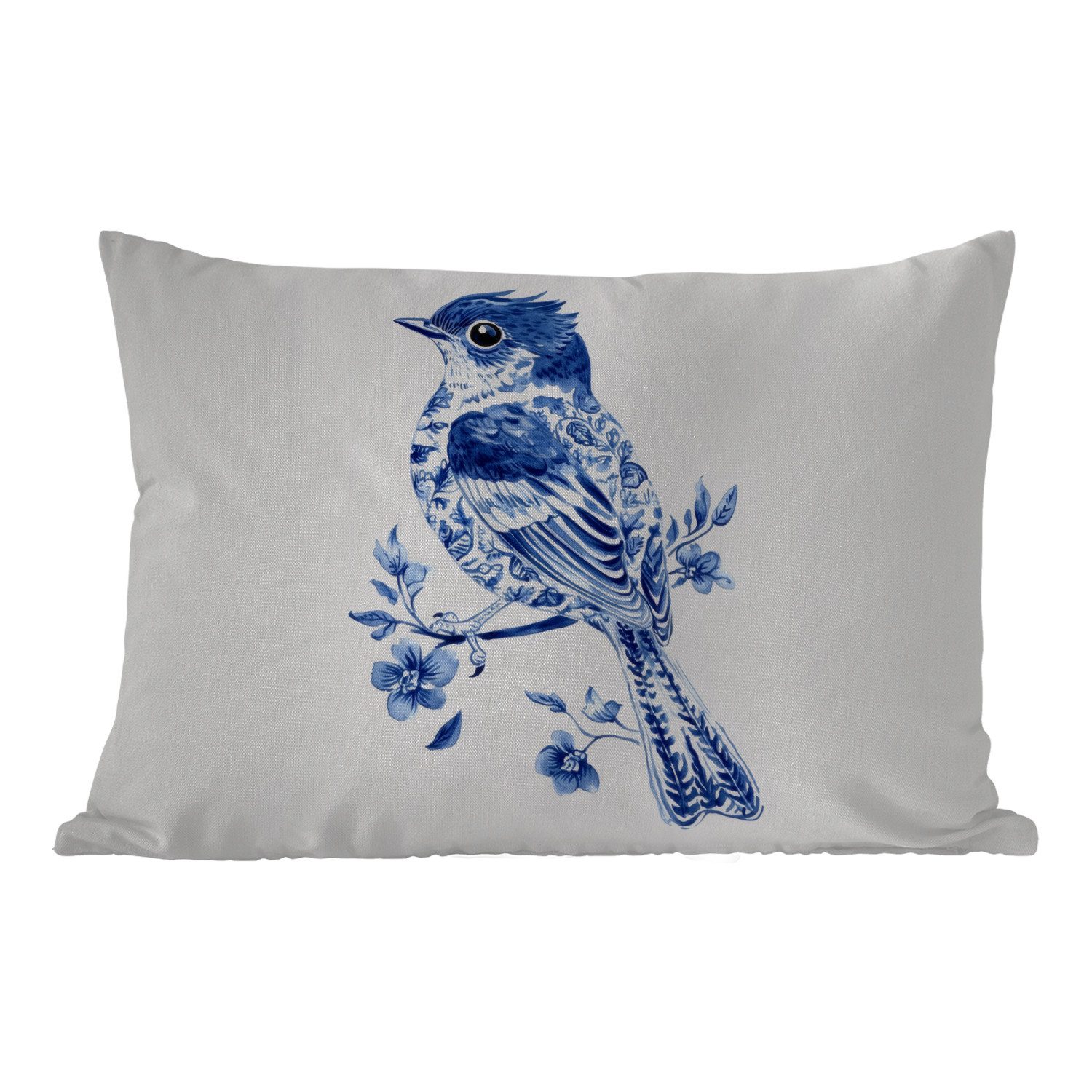 MuchoWow Dekokissen Vogel - Delfter Blau - Illustration - Blumen, Outdoor-Dekorationskissen, Kissen, Kissenbezug, 60x40 cm