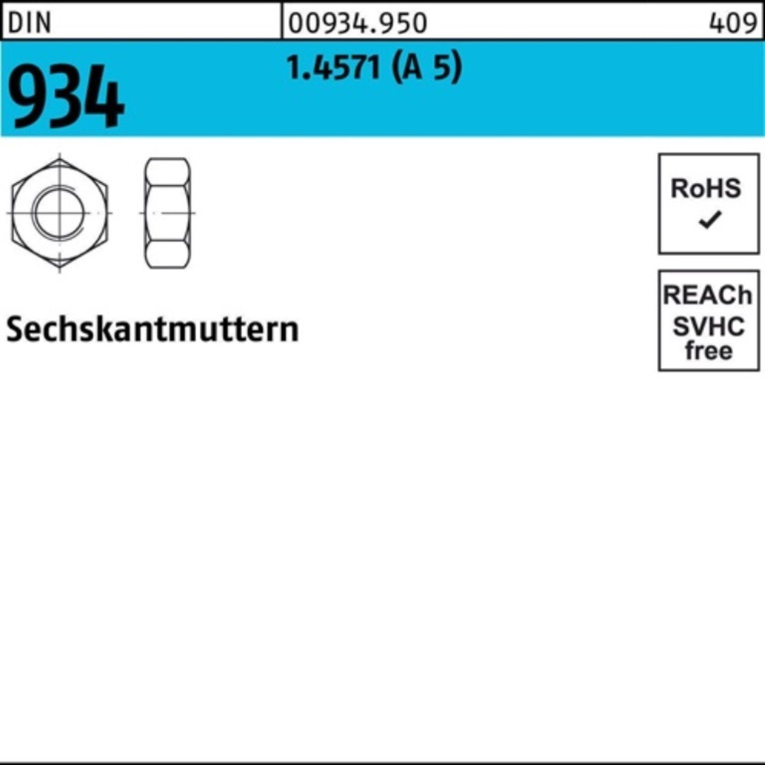 Reyher Muttern Pack 934 A 25 934 (A 5 Stück 100er M20 DIN Sechskantmutter DIN 1.4571