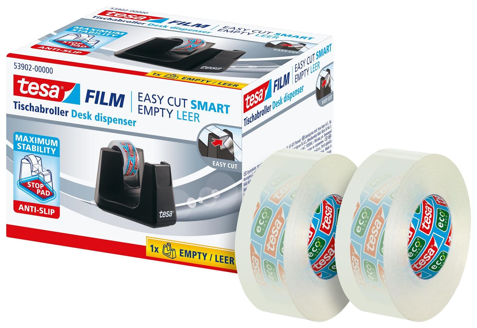 tesa Klebeband Tischabroller Easy Cut® Smart - für Rollen bis 33m : 19mm, schwarz