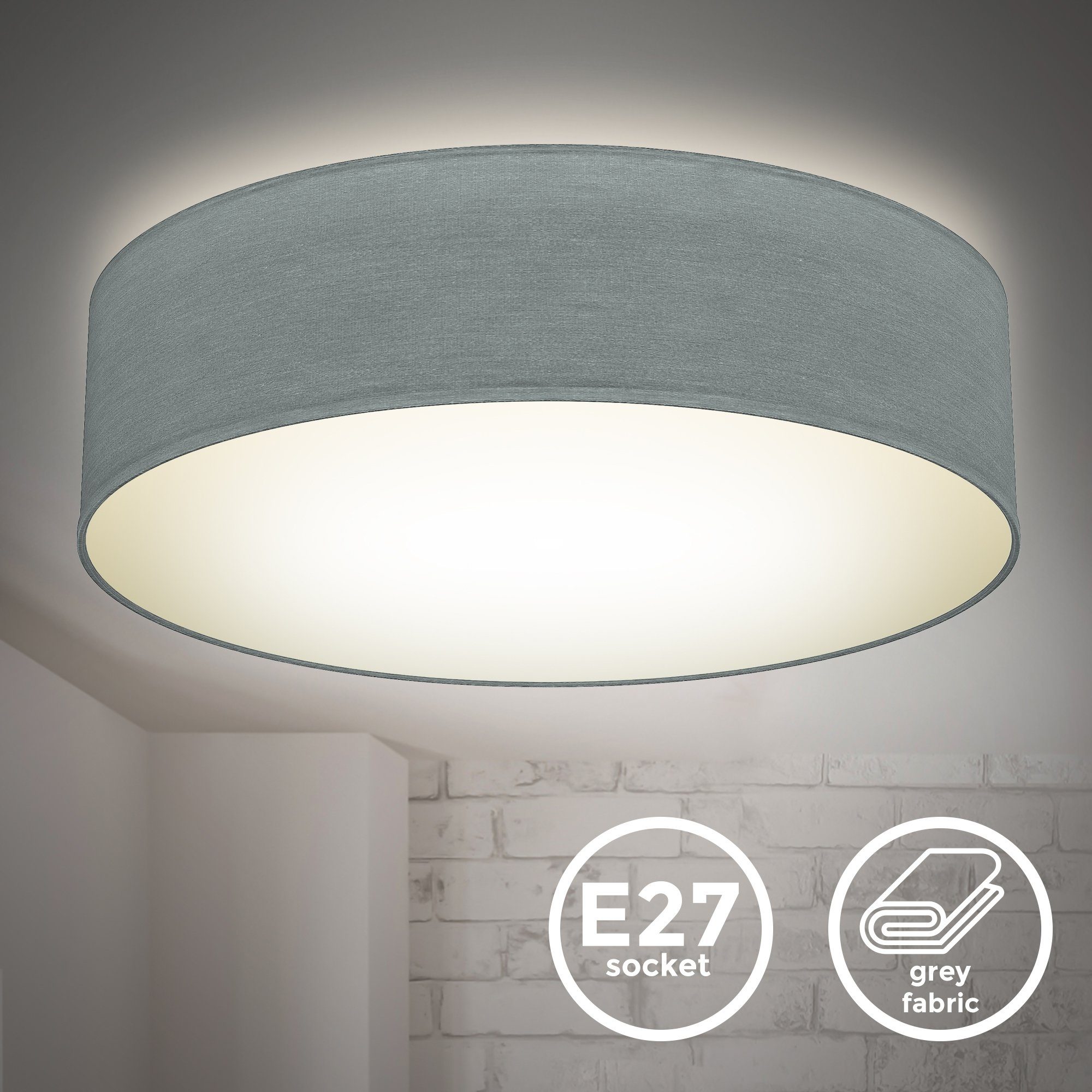 Wohnzimmer, Schlafzimmer, Deckenlampe, Lampenschirm, wechselbar, Deckenleuchte, Warmweiß, E27 B.K.Licht grau,Textil Leuchtmittel