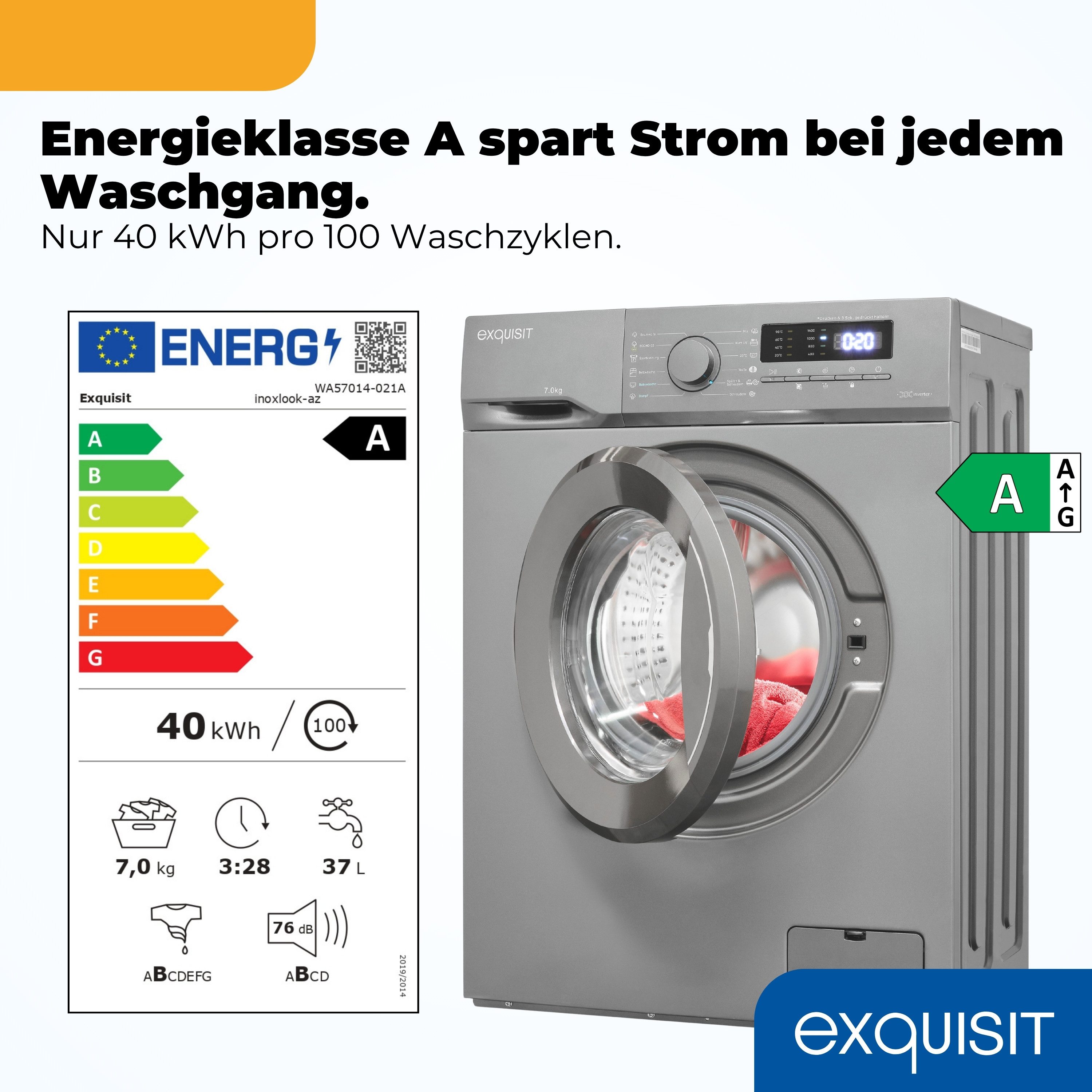 exquisit Waschmaschine WA57014-020A, 7 kg, 1400 U/min, 40 kWh, 37 L, 76 dB, Geräuschklasse B
