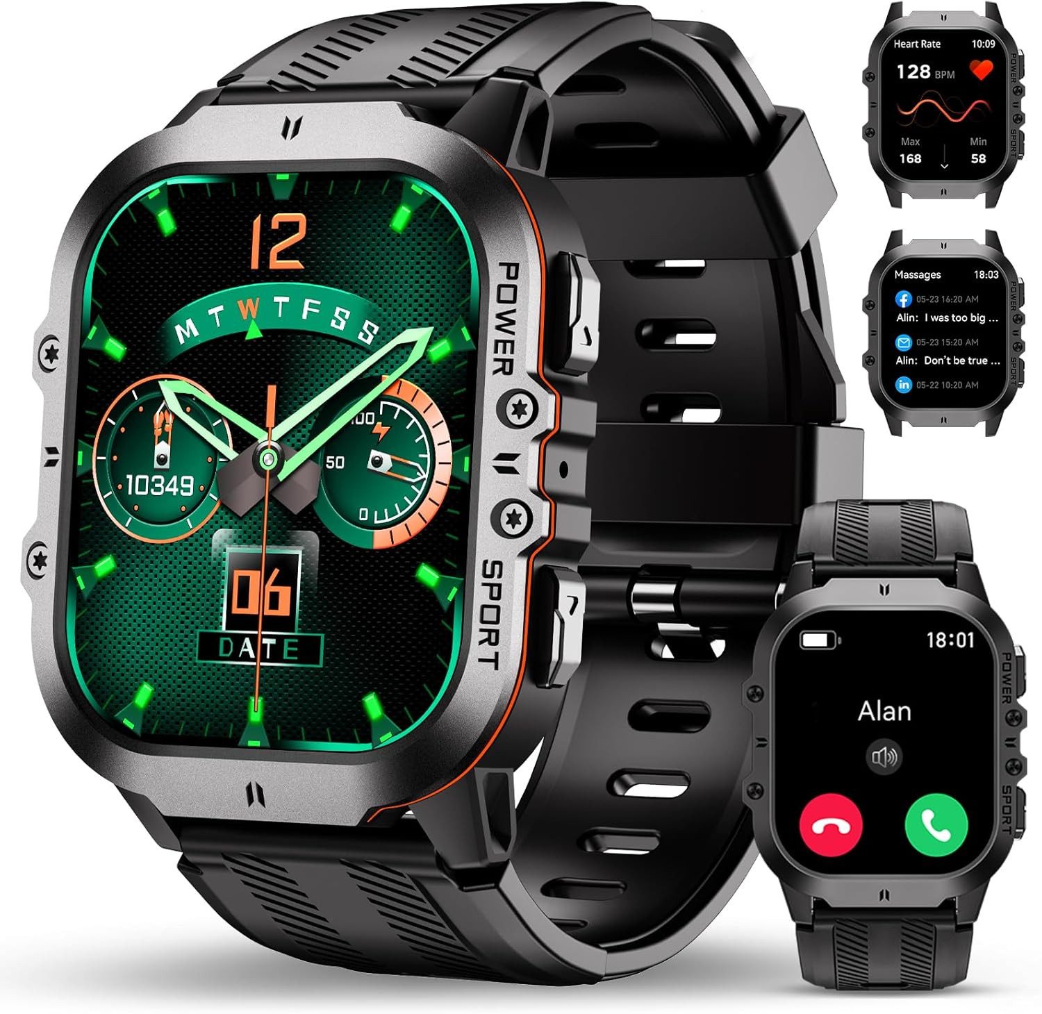 Zevelora Herren's Militär Telefonfunktion 5ATM Wasserdicht Smartwatch (Android/iOS), Mit AMOLED Touchscreen, mit Blutdruckmessung, 120+Sportmodi SPO2/Schlafmonitor/Schrittzähler