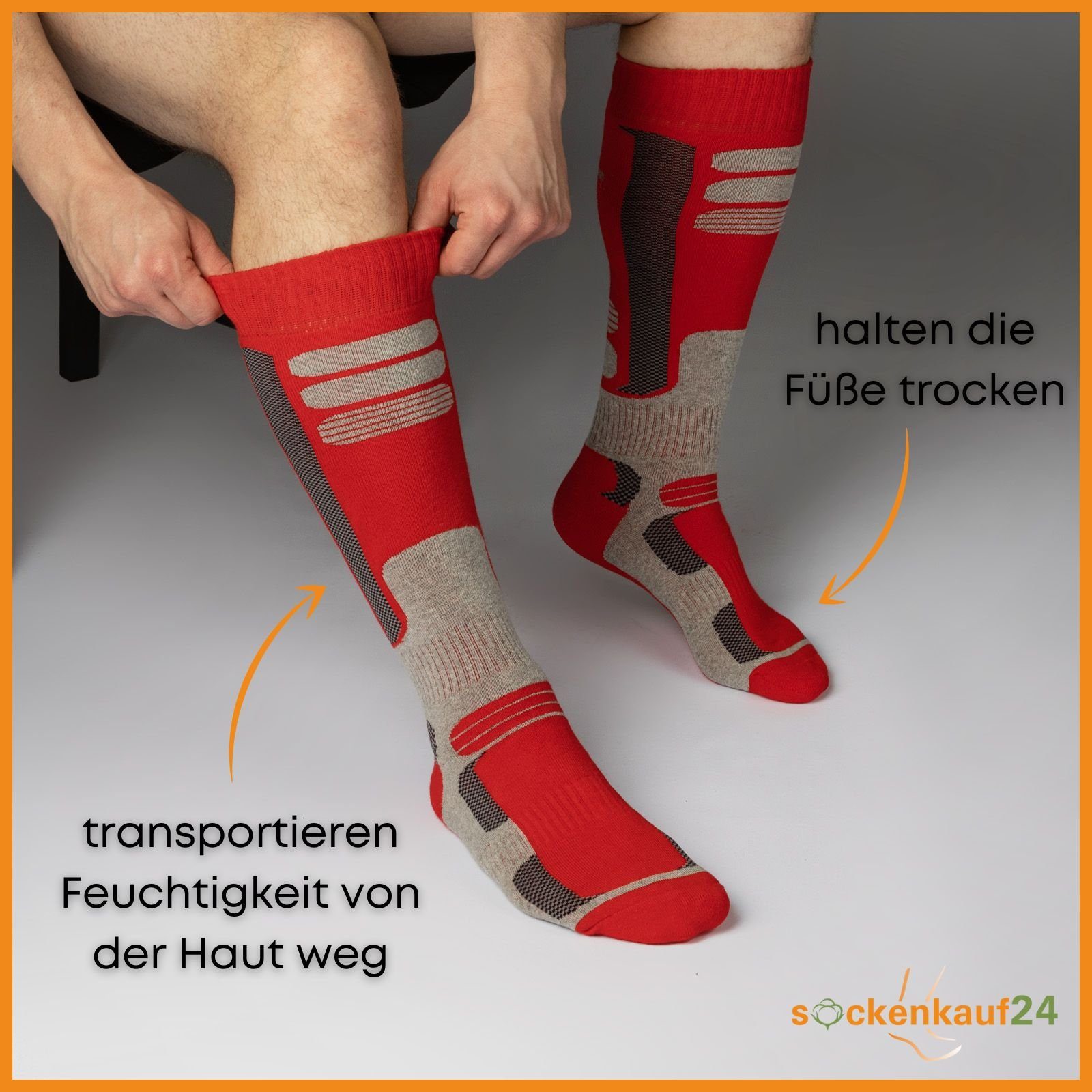 sockenkauf24 Skisocken 2 Paar Ski Strümpfe Herren & Damen Ski Socken lang (Schwarz/Rot, 43-46) Atmungsaktiv - 42816
