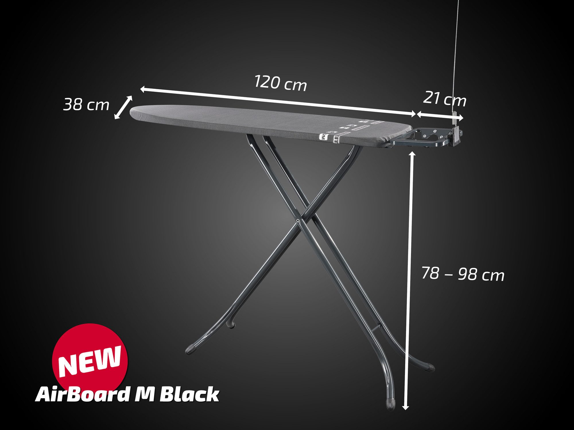 Leifheit Bügelbrett Bügeltisch AirBoard M Black, Bügelfläche 38.0x120.0 cm, Zwei-Seiten-Bügeleffekt, 120x38cm, höhenverstellbar (78 - 98 cm) – Bild 5 von 5