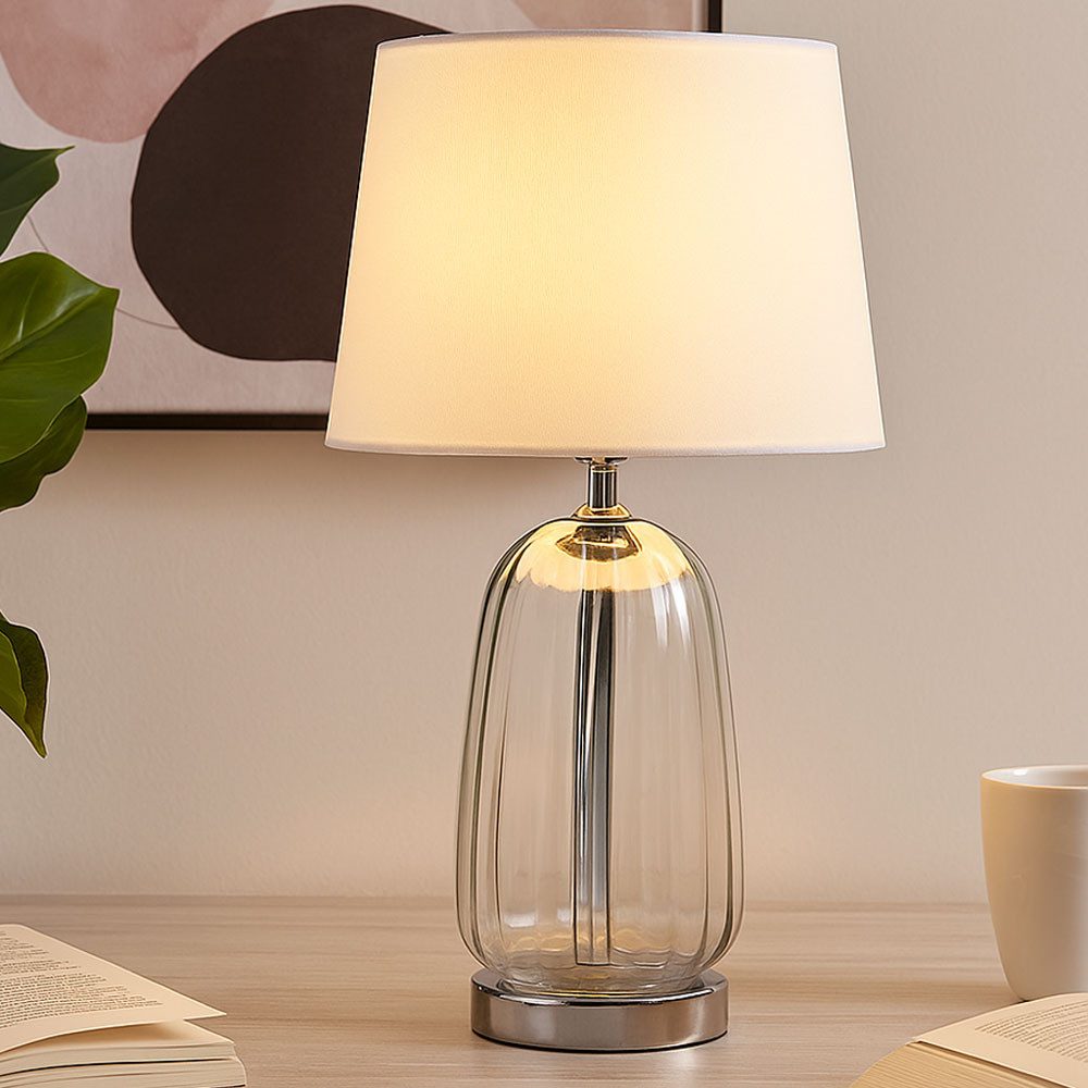GLOBO LIGHTING Schreibtischlampe, Leuchtmittel inklusive, Warmweiß, LED Tischlampe Nachttischleuchte Glas Textil verchromt weiß H 52 cm