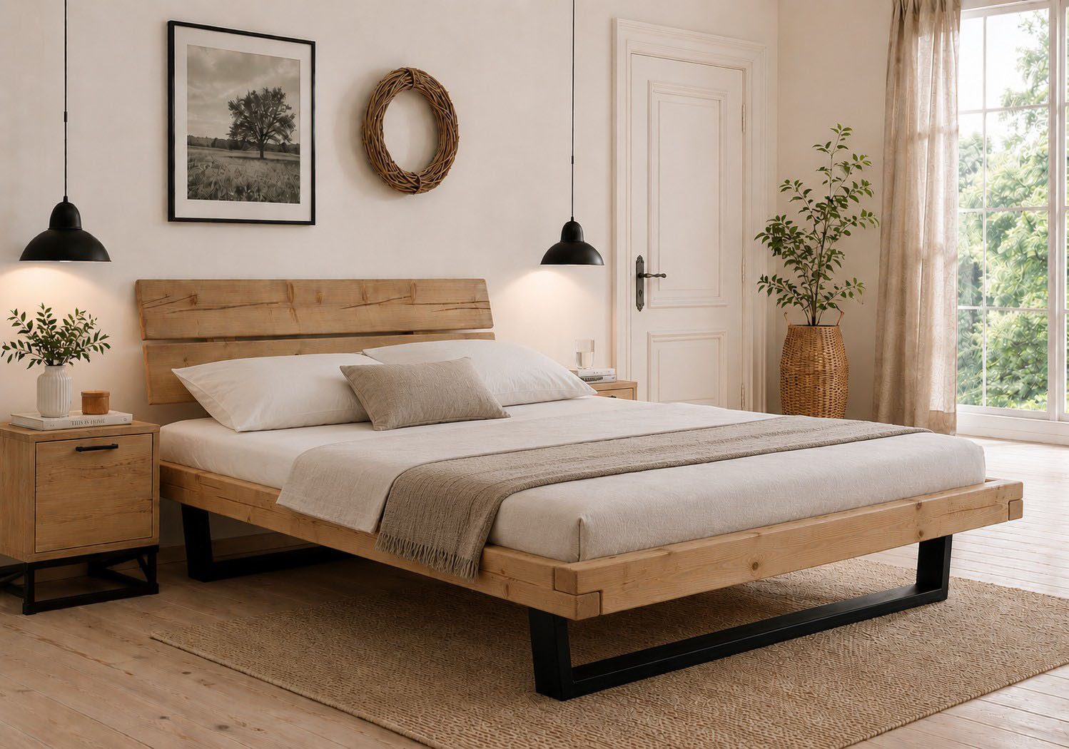 OTTO home Massivholzbett Ultima Balkenbett Doppelbett, Füße Metallkufe (hohe Belastbarkeit: 200kg je Seite), FSC®-zertifizierte Wildeiche oder Fichte, viele Breiten zur Auswahl