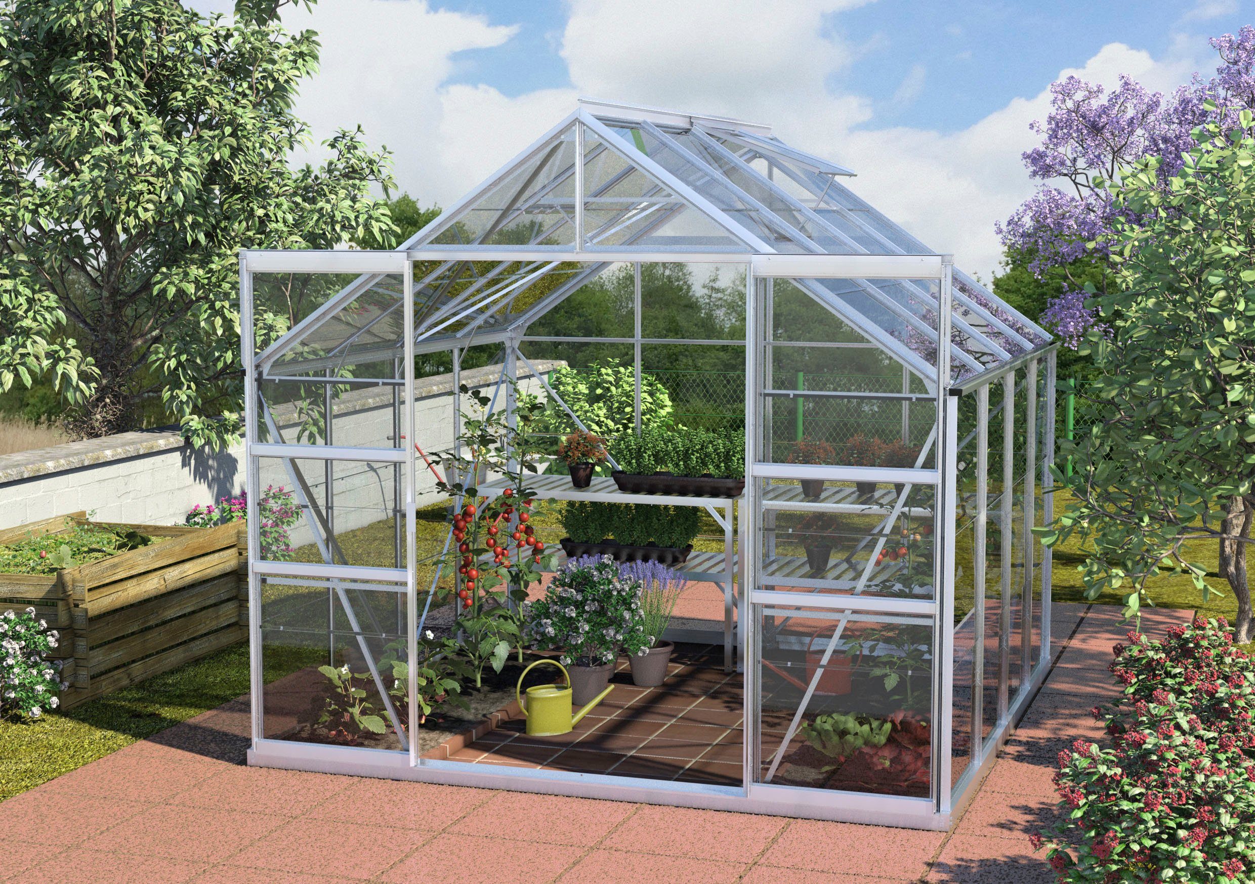 Vitavia Gewächshaus Mars 6700, BxTxH: 257 x 258 x 231,8 cm, 3 mm Wandstärke, Alu-Profile, 3 mm Sicherheitsglas silberfarben