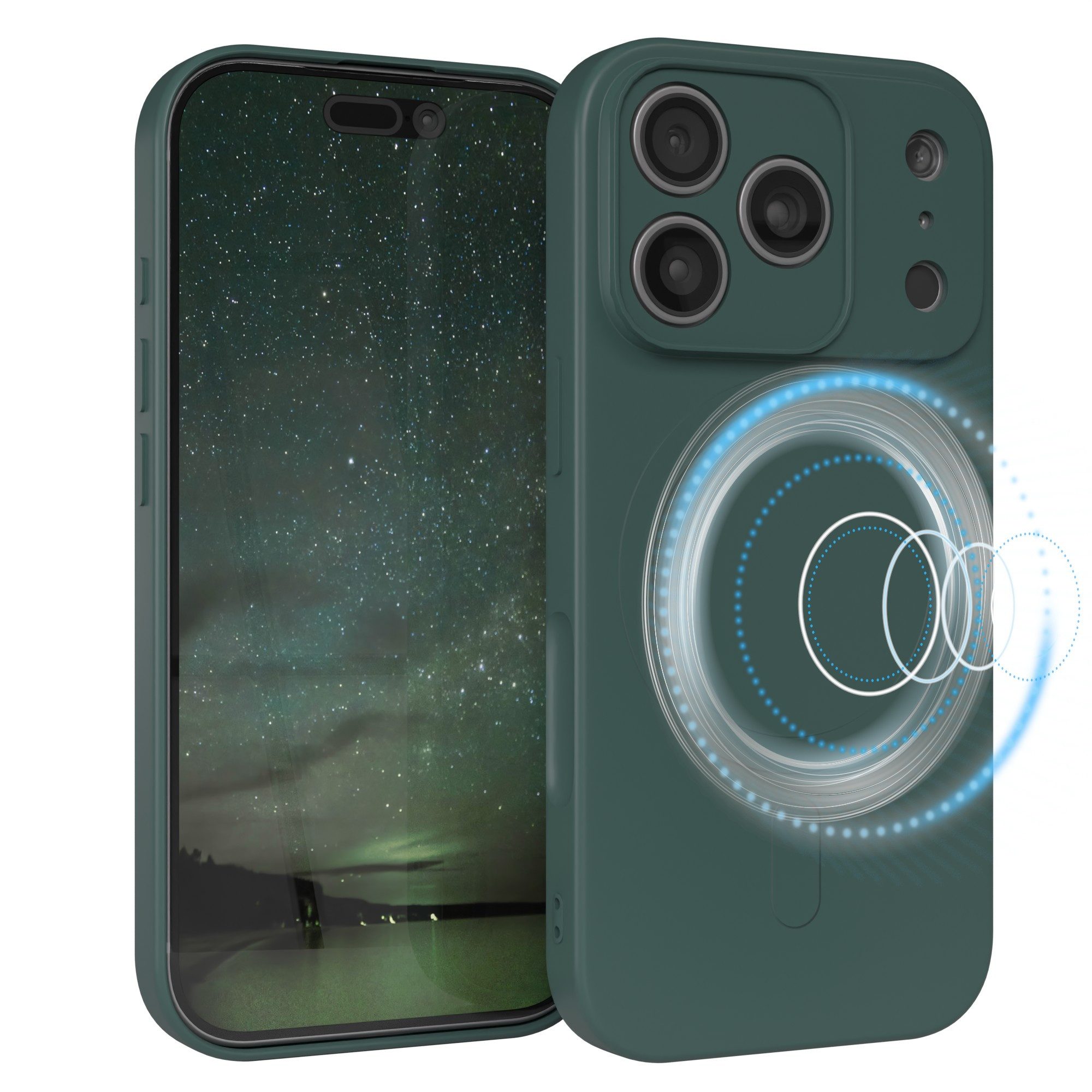 EAZY CASE Handyhülle für Apple iPhone 17 Pro Hülle Silikon 6,3 Zoll, MagSafe Case Silikon kratzfestes Bumper Cover Qi-Charging Dunkelgrün