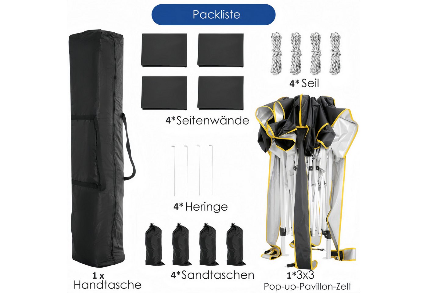 Thumbnail - Tooluck Faltpavillon Pavillon 3x3 Wasserdicht Stabil Winterfest faltbar mit 4 Seitenwänden, mit 4 Seitenteilen, Höhenver...