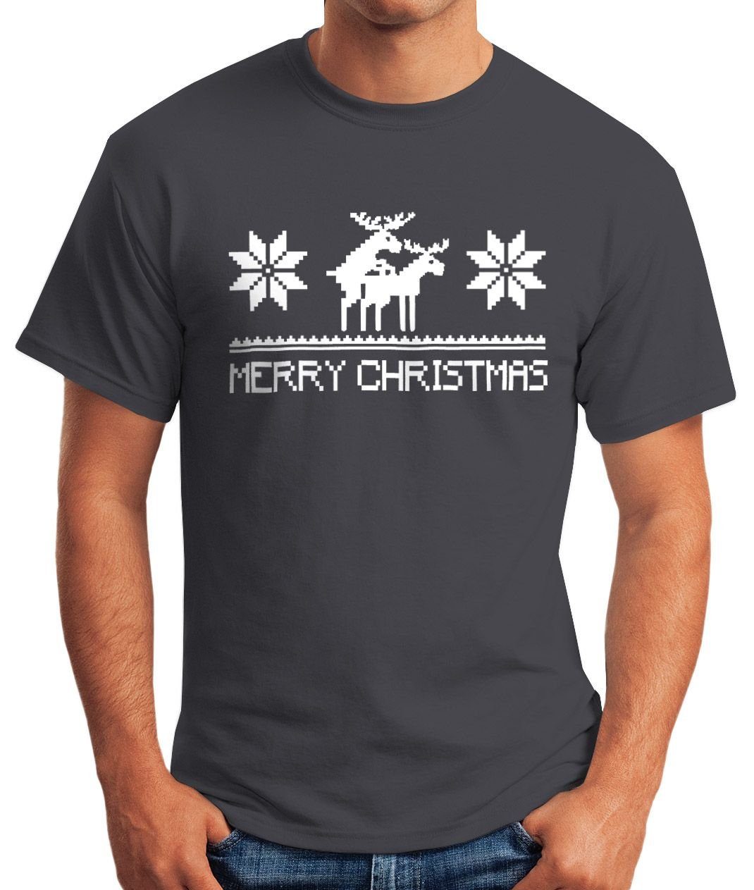 Fun-Shirt grau Christmas Print Print-Shirt T-Shirt MoonWorks Herren Moonworks® Merry Weihnachten mit