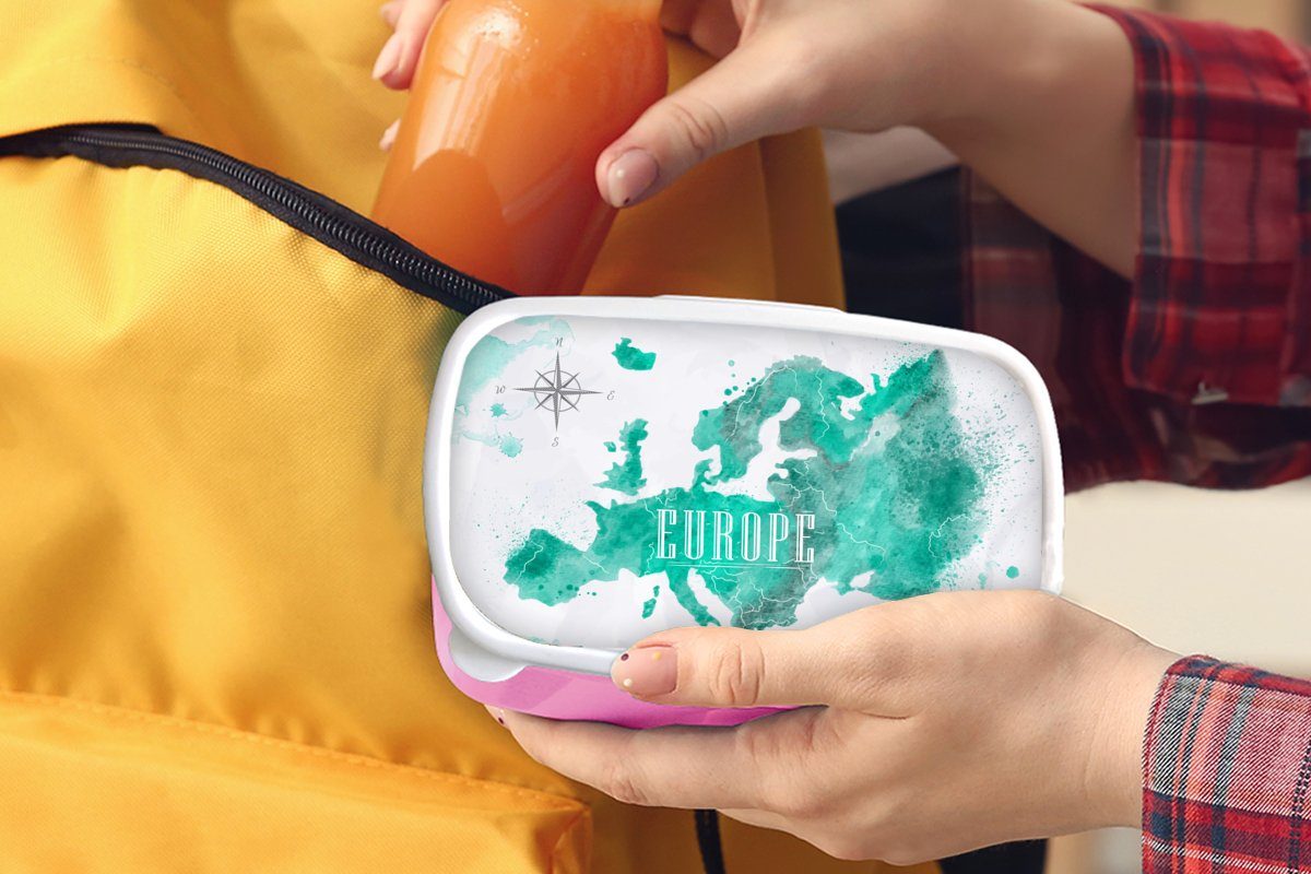 Kunststoff für Brotbox Erwachsene, Aquarell Brotdose (2-tlg), Kunststoff, Kinder, MuchoWow - - Weltkarte Mädchen, Lunchbox rosa Europa, Snackbox,