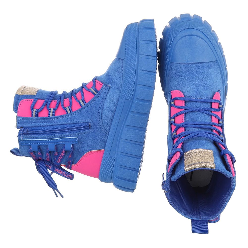 Ital-Design Damen Plateau-Bootie mit Schnürung und Riemen-Details Schnürstiefelette (92078941) Keilabsatz/Wedge Sneakers High in Blau