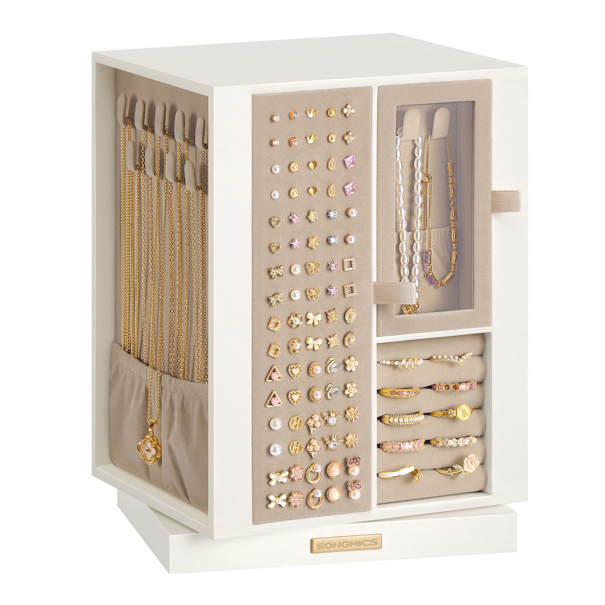 SONGMICS Schmuckkasten, 360° drehbar, Schmuckbox mit 4 Schubladen, platzsparend, Geschenkidee