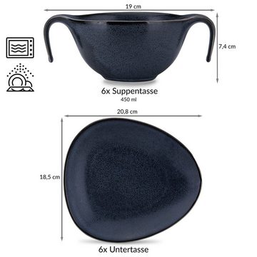 Konsimo Suppenschale Suppentasse Untertasse, Porzellan, (Set 6 Pers., 12-tlg), TIME BLACK, unregelmäßige Form, Hartporzellan mit reaktiver Glasur